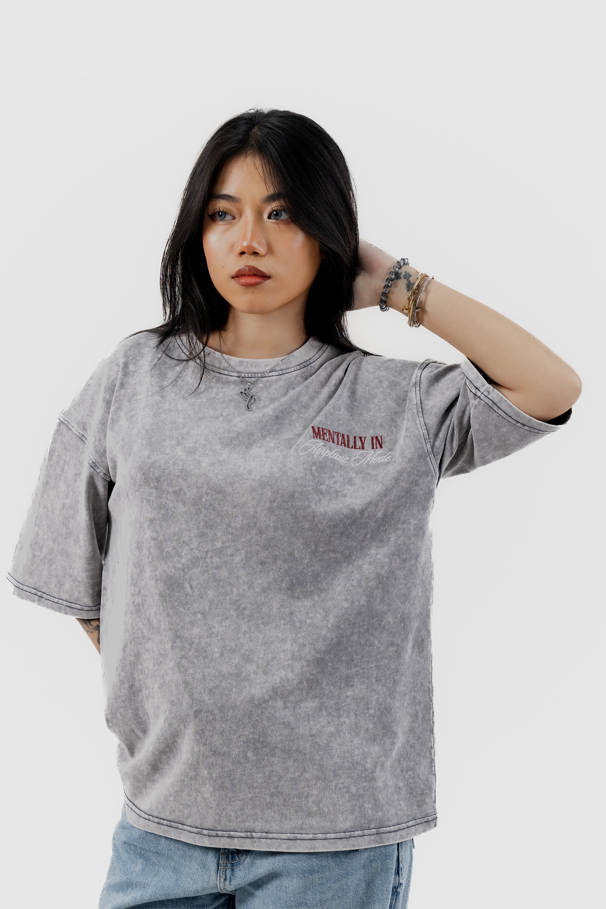 Airplane Mode - Light Grey Acid Wash - Crew Neck - Drop Shoulder T-Shirt for Women