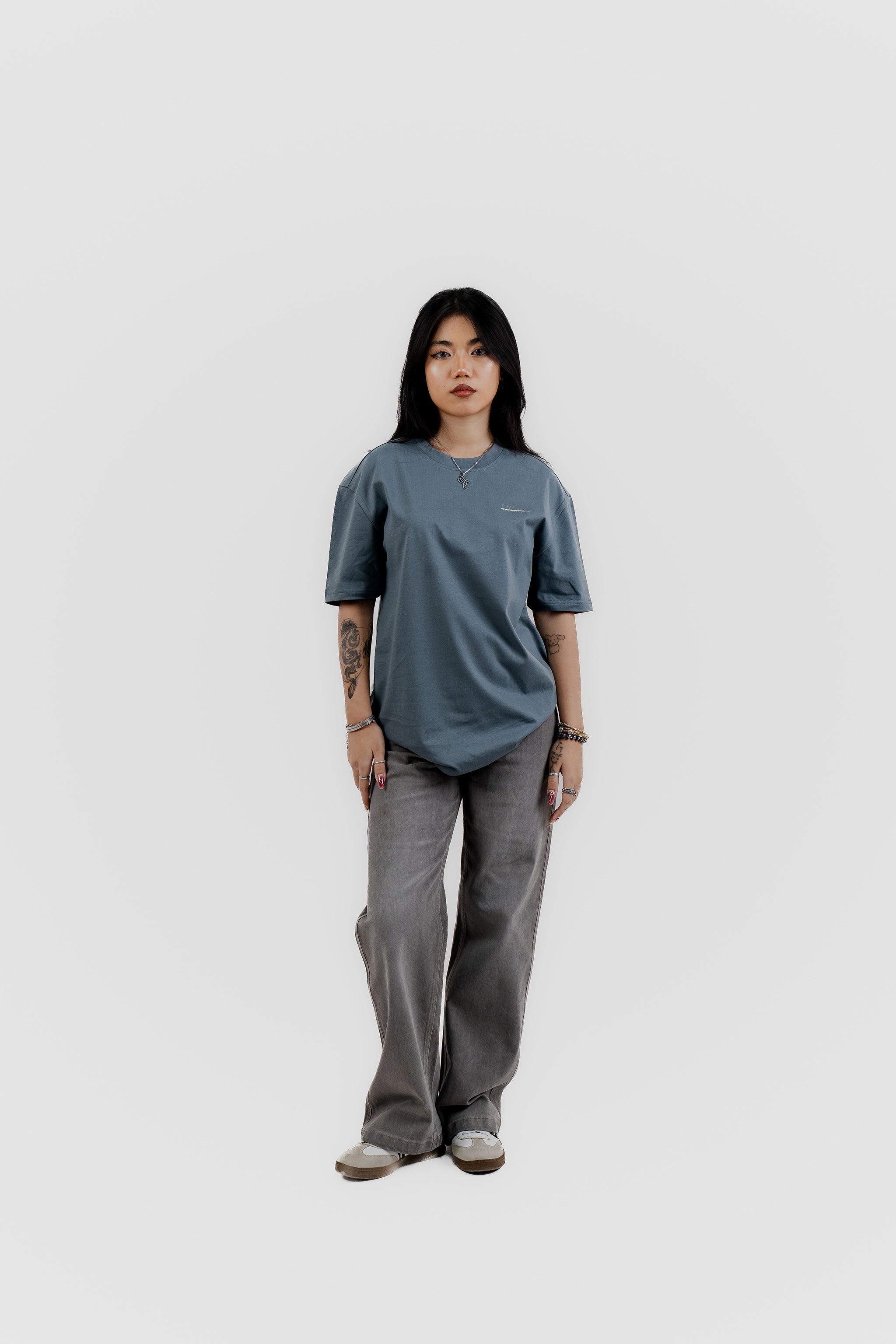 Water Repellent T-Shirt -上質 Japanese Grade - Crew Neck - Ash Blue Tee for Women