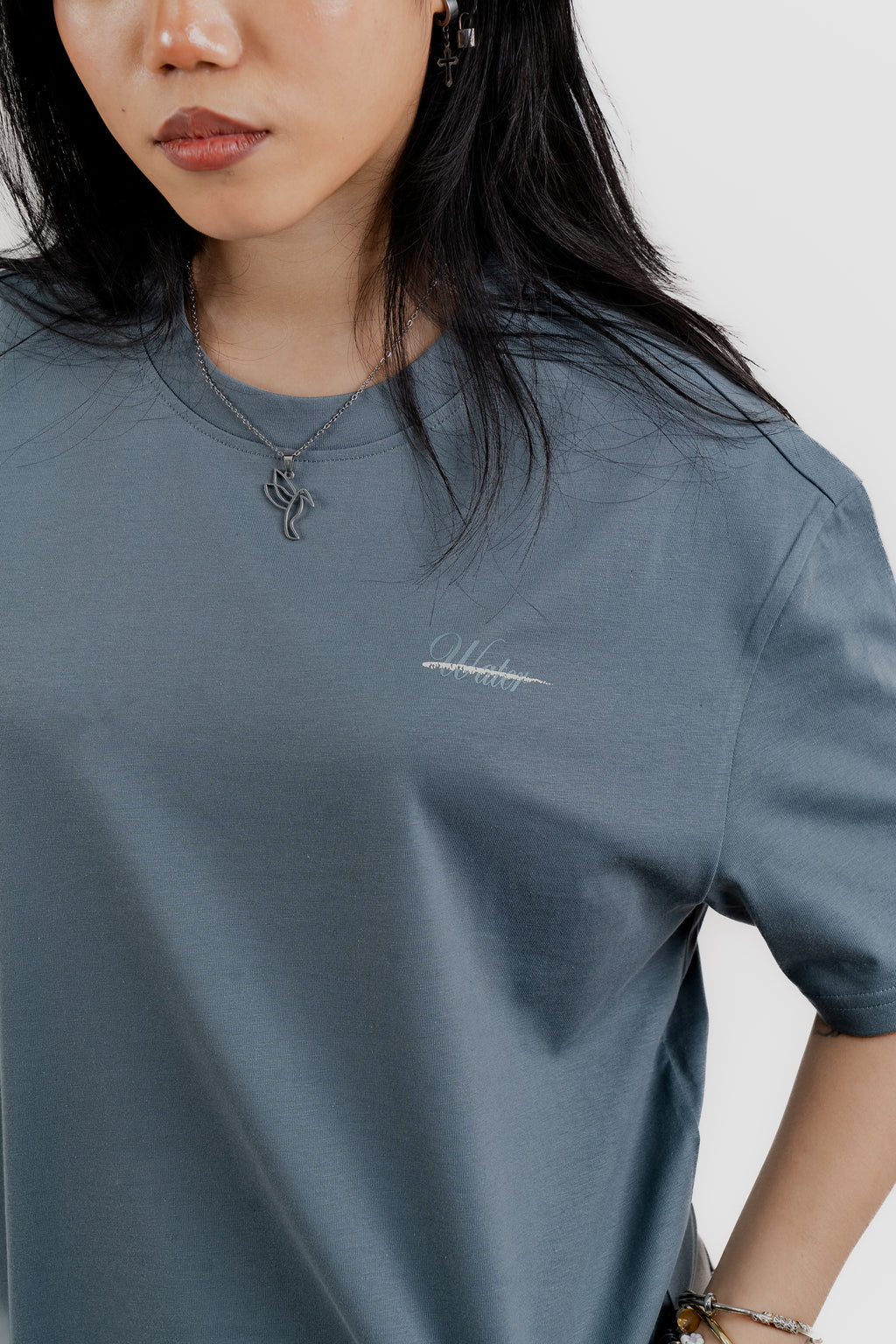Water Repellent T-Shirt -上質 Japanese Grade - Crew Neck - Ash Blue Tee for Women