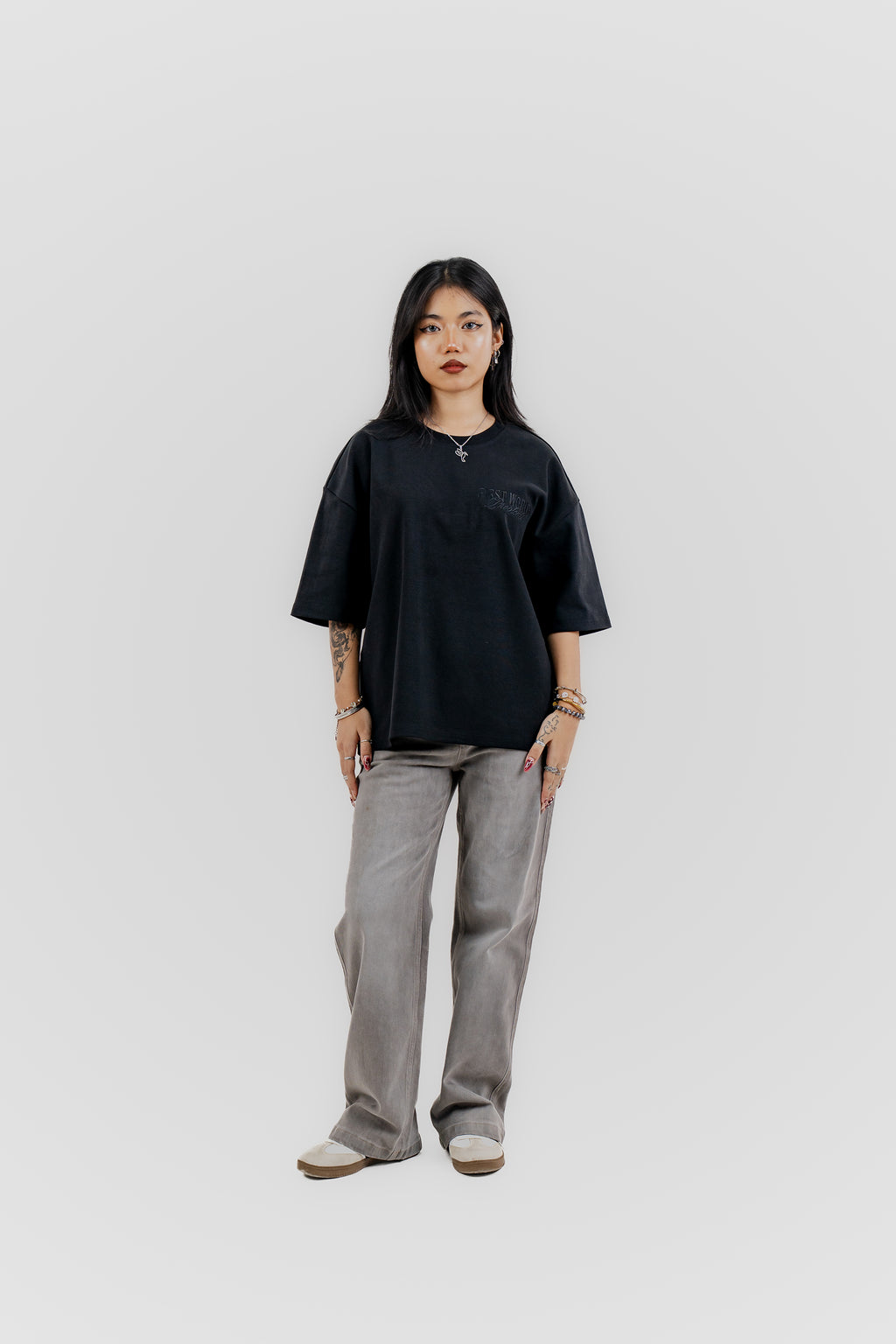 Luxe Black on Black Embroidered - 400 GSM 上質 Japanese Grade - Running late is my Cardio - Drop Shoulder T-Shirt for Women