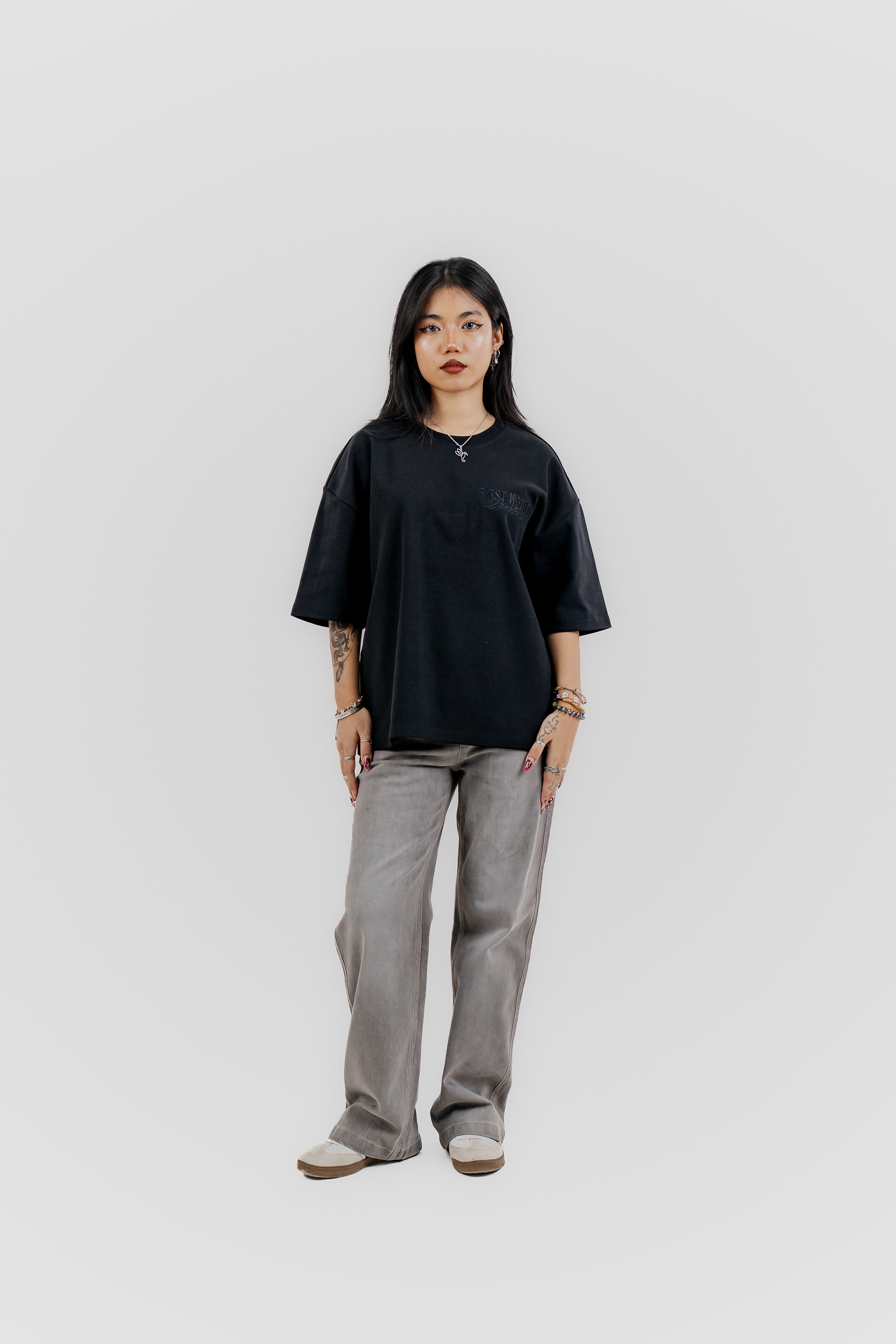 Luxe Black on Black Embroidered - 400 GSM 上質 Japanese Grade - Running late is my Cardio - Drop Shoulder T-Shirt for Women