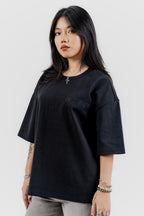 RESTOKE Luxe Black on Black Embroidered - 350 GSM 上質 Japanese Grade - Running late is my Cardio - Drop Shoulder T-Shirt for Women