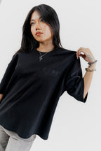 RESTOKE Luxe Black on Black Embroidered - 350 GSM 上質 Japanese Grade - Running late is my Cardio - Drop Shoulder T-Shirt for Women