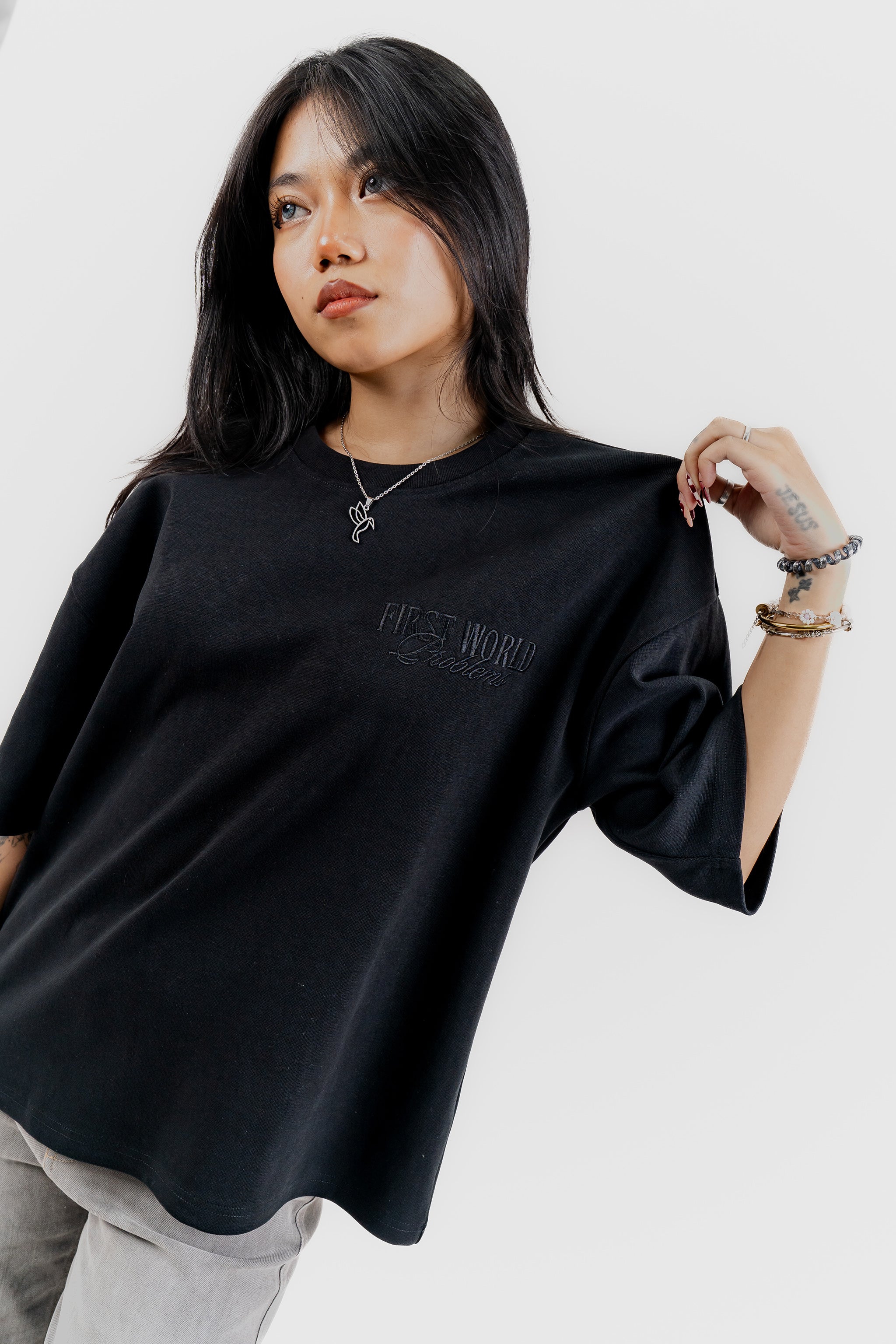 Luxe Black on Black Embroidered - 400 GSM 上質 Japanese Grade - Running late is my Cardio - Drop Shoulder T-Shirt for Women