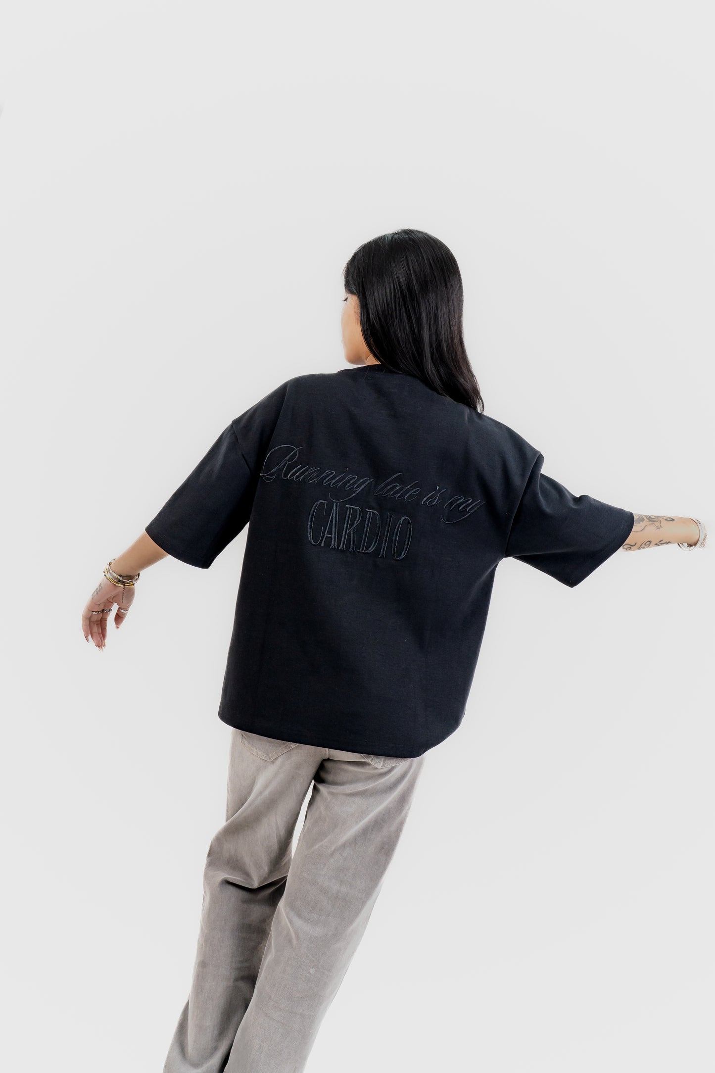 Luxe Black on Black Embroidered - 400 GSM 上質 Japanese Grade - Running late is my Cardio - Drop Shoulder - Unisex