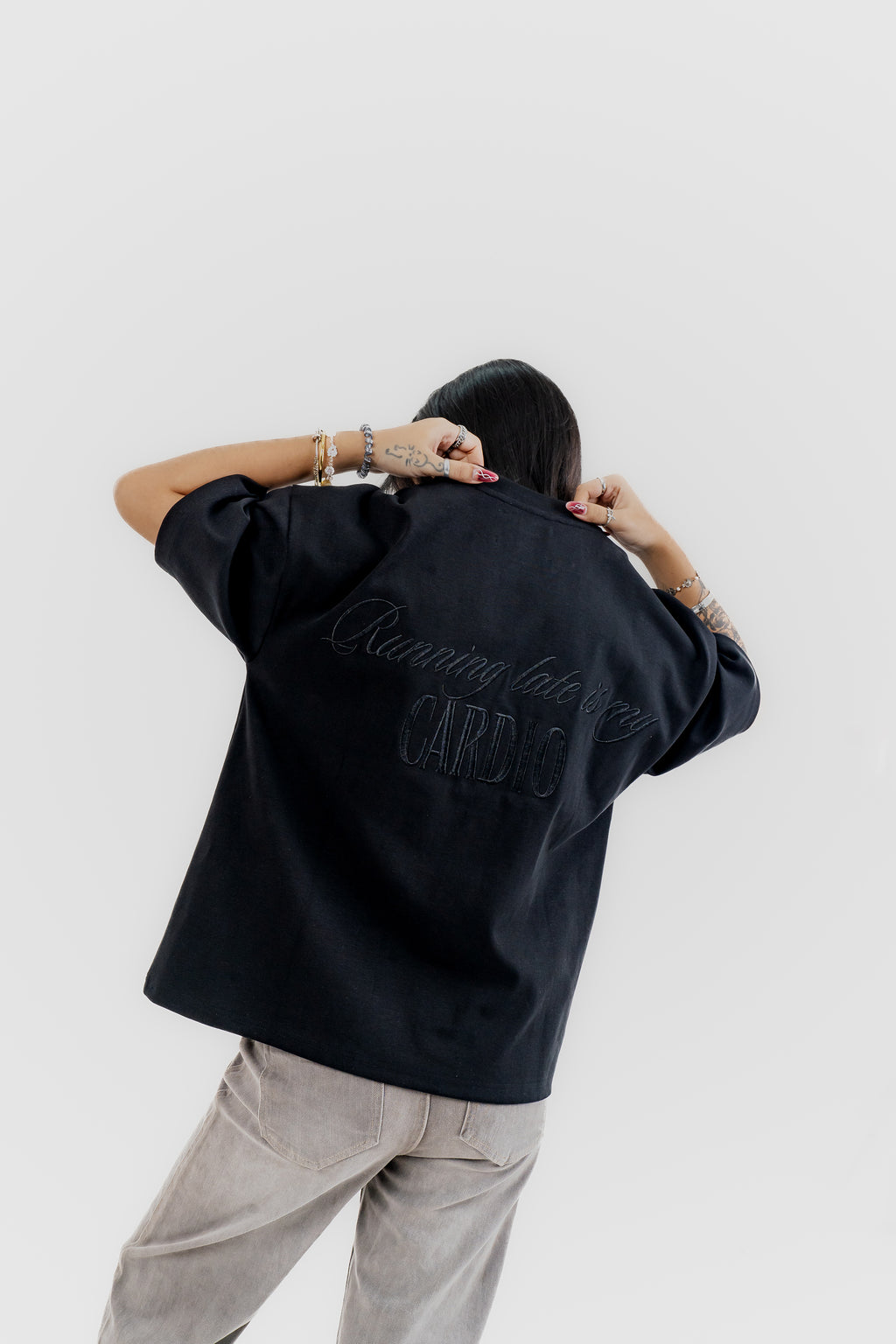 Luxe Black on Black Embroidered - 400 GSM 上質 Japanese Grade - Running late is my Cardio - Drop Shoulder T-Shirt for Women