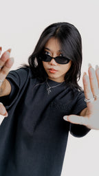 RESTOKE Luxe Black on Black Embroidered - 350 GSM 上質 Japanese Grade - Running late is my Cardio - Drop Shoulder T-Shirt for Women