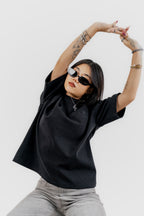 RESTOKE Luxe Black on Black Embroidered - 350 GSM 上質 Japanese Grade - Running late is my Cardio - Drop Shoulder T-Shirt for Women