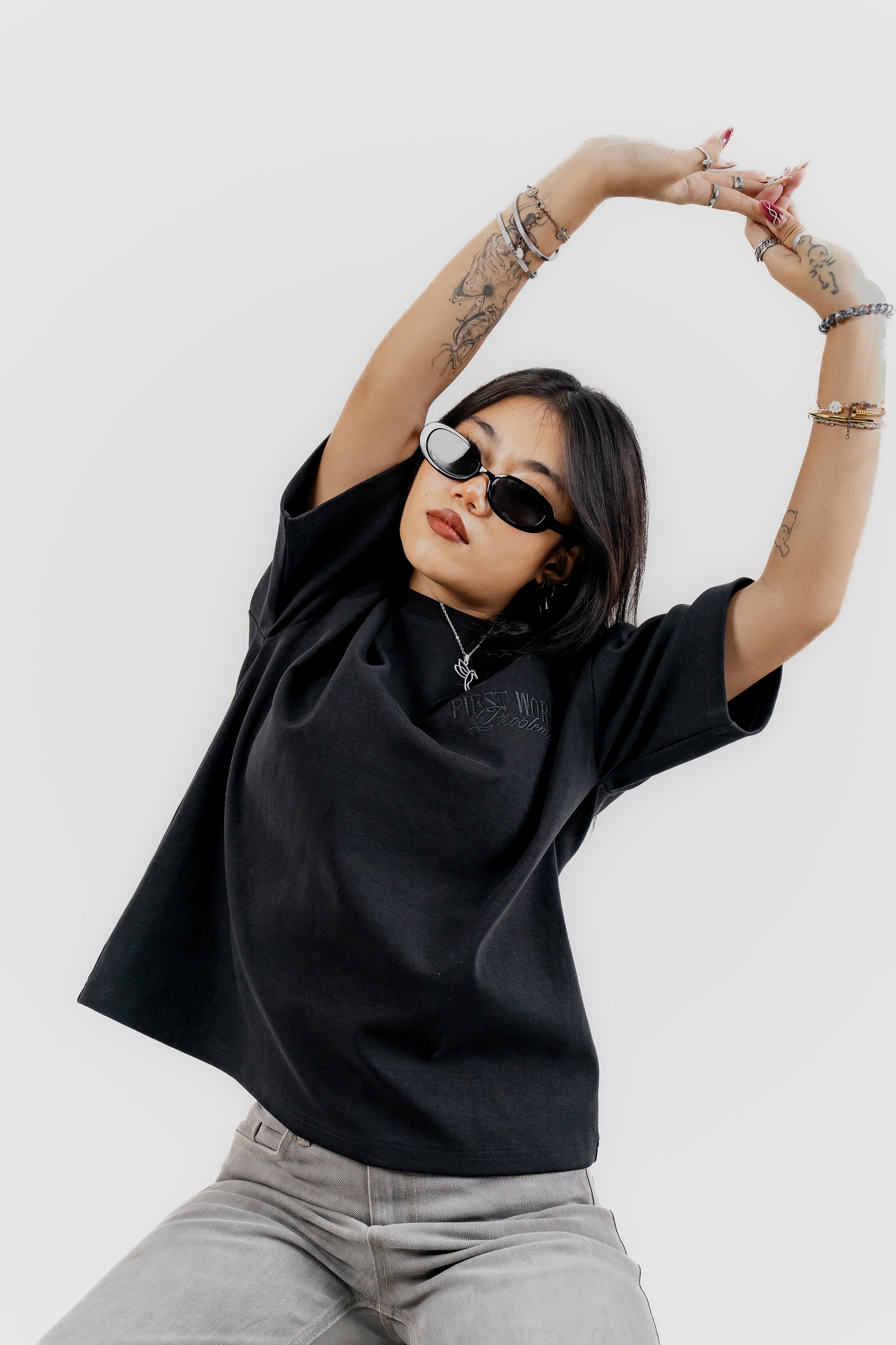 Luxe Black on Black Embroidered - 400 GSM 上質 Japanese Grade - Running late is my Cardio - Drop Shoulder T-Shirt for Women