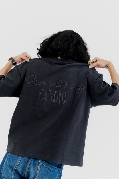 Luxe Black on Black Embroidered - 400 GSM 上質 Japanese Grade - Running late is my Cardio - Drop Shoulder For Men