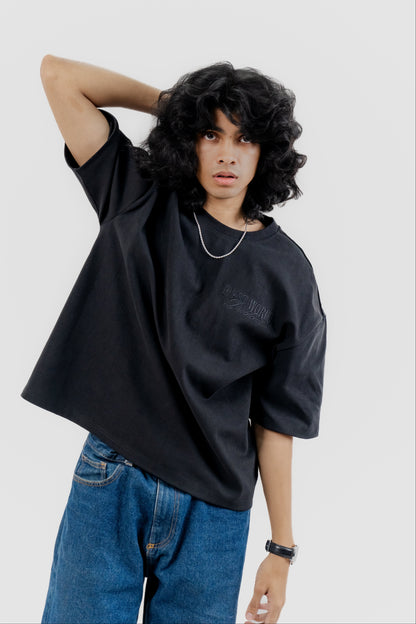 Luxe Black on Black Embroidered - 400 GSM 上質 Japanese Grade - Running late is my Cardio - Drop Shoulder For Men