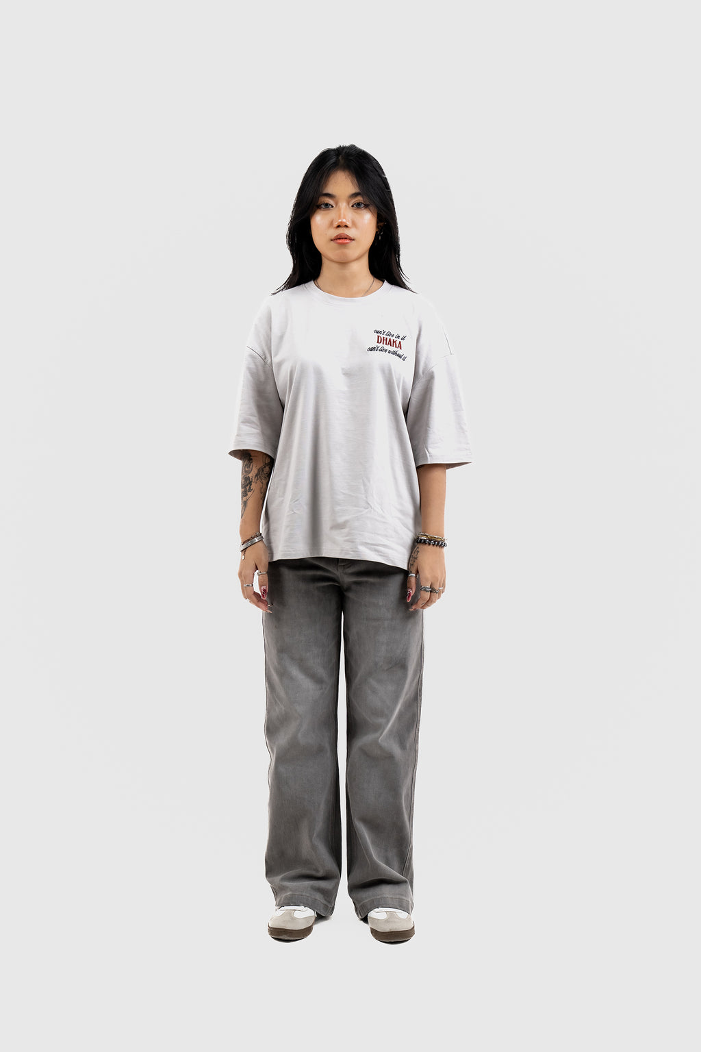 Live In/Without Dhaka Embroidered- 上質 Japanese Grade - Light Ash Grey Drop Shoulder T-Shirt for Women