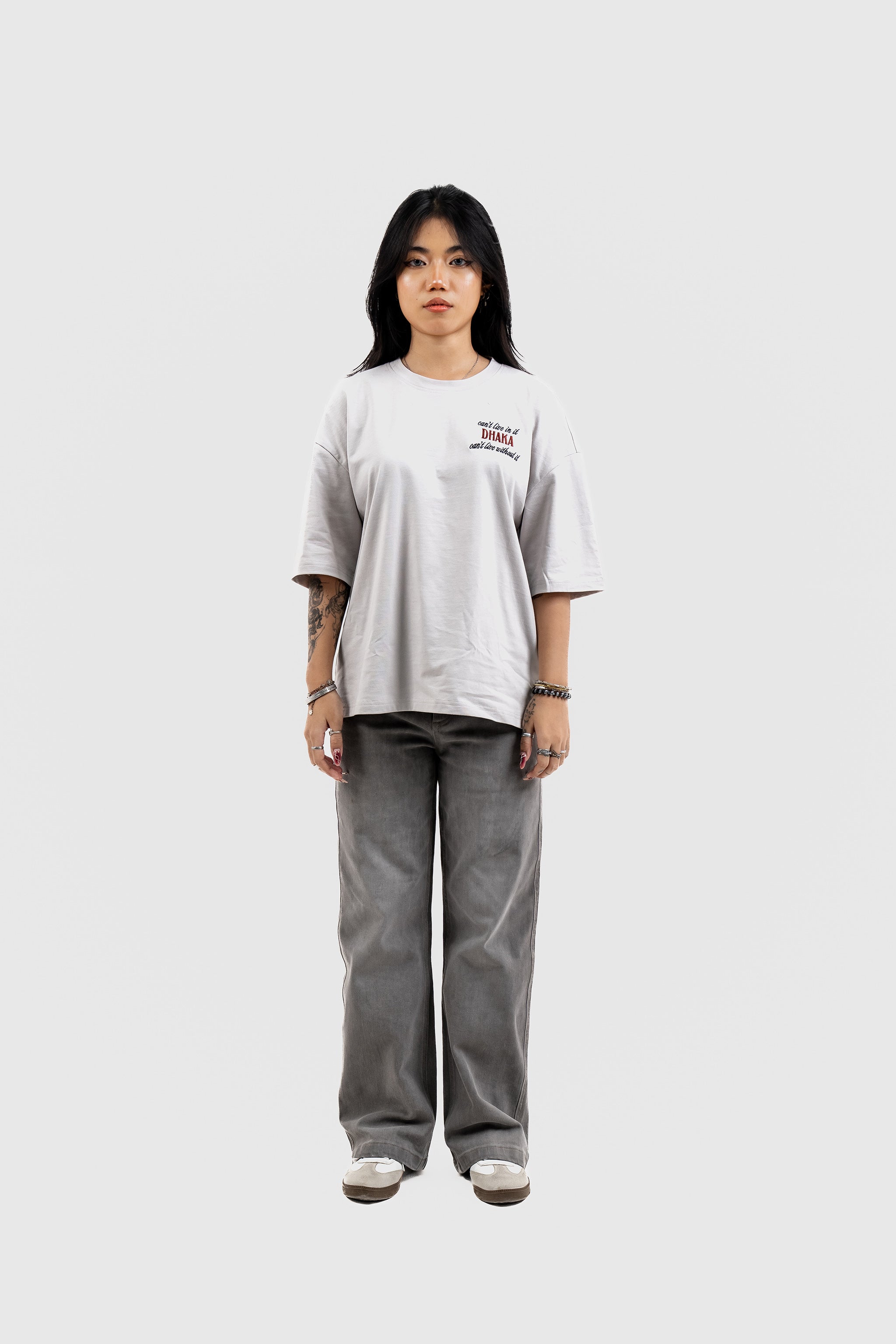 Live In/Without Dhaka Embroidered- 上質 Japanese Grade - Light Ash Grey Drop Shoulder T-Shirt for Women