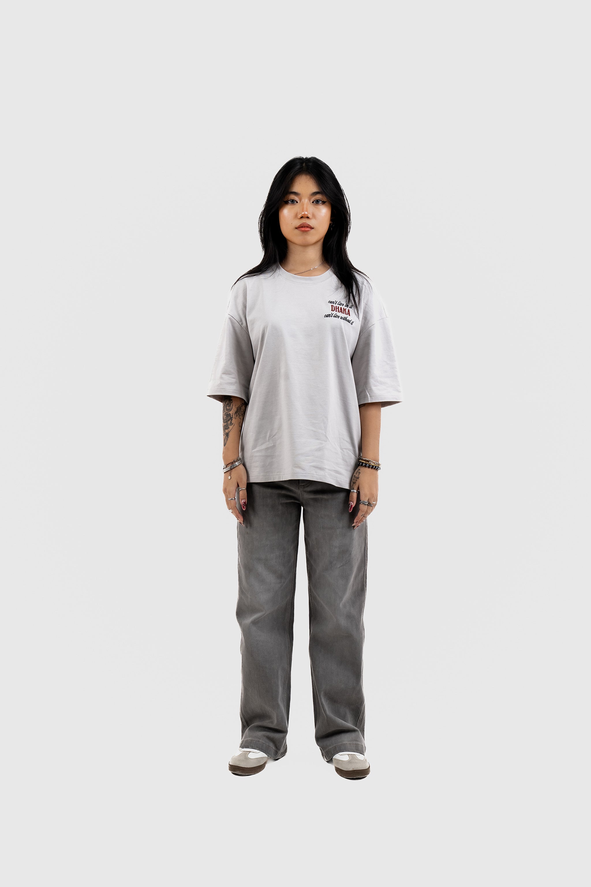 Live In/Without Dhaka Embroidered- 上質 Japanese Grade - Light Ash Grey Drop Shoulder T-Shirt for Women