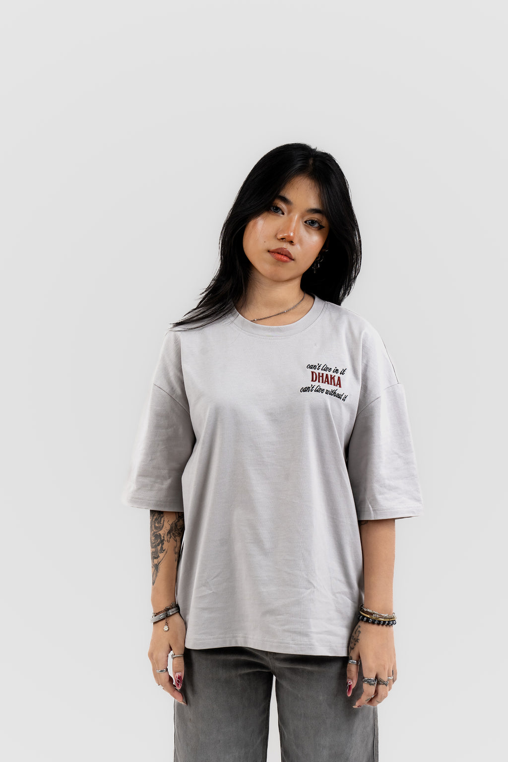 Live In/Without Dhaka Embroidered- 上質 Japanese Grade - Light Ash Grey Drop Shoulder T-Shirt for Women