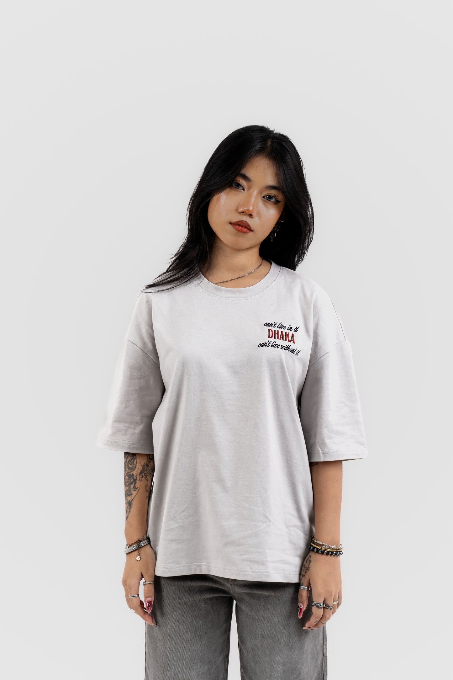 Live In/Without Dhaka Embroidered- 上質 Japanese Grade - Light Ash Grey Drop Shoulder - Unisex