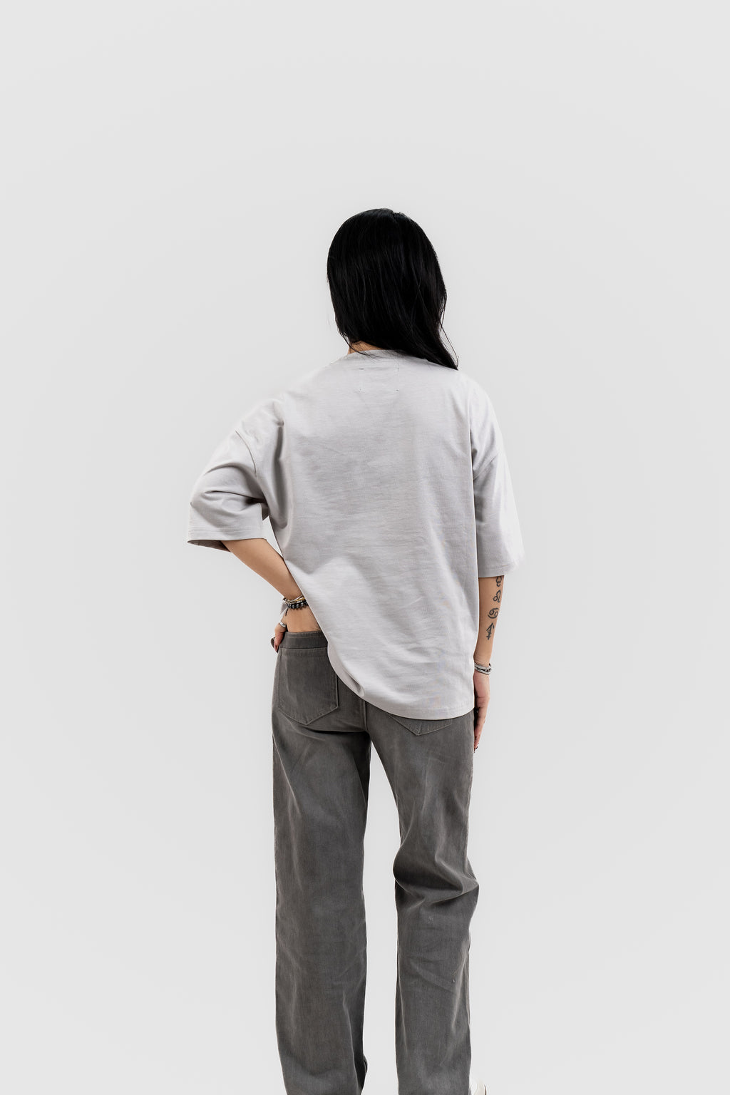 Live In/Without Dhaka Embroidered- 上質 Japanese Grade - Light Ash Grey Drop Shoulder T-Shirt for Women