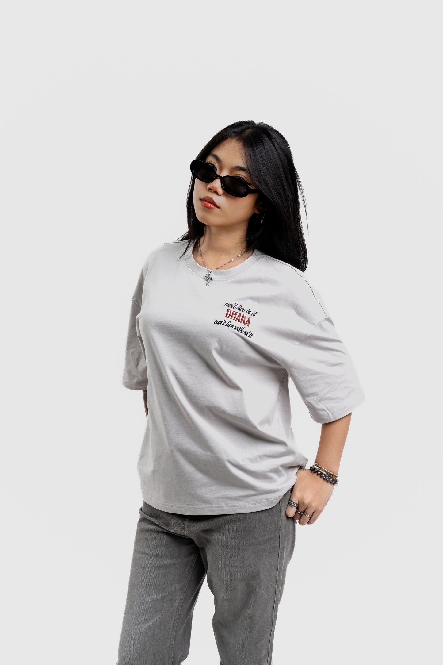Live In/Without Dhaka Embroidered- 上質 Japanese Grade - Light Ash Grey Drop Shoulder - Unisex