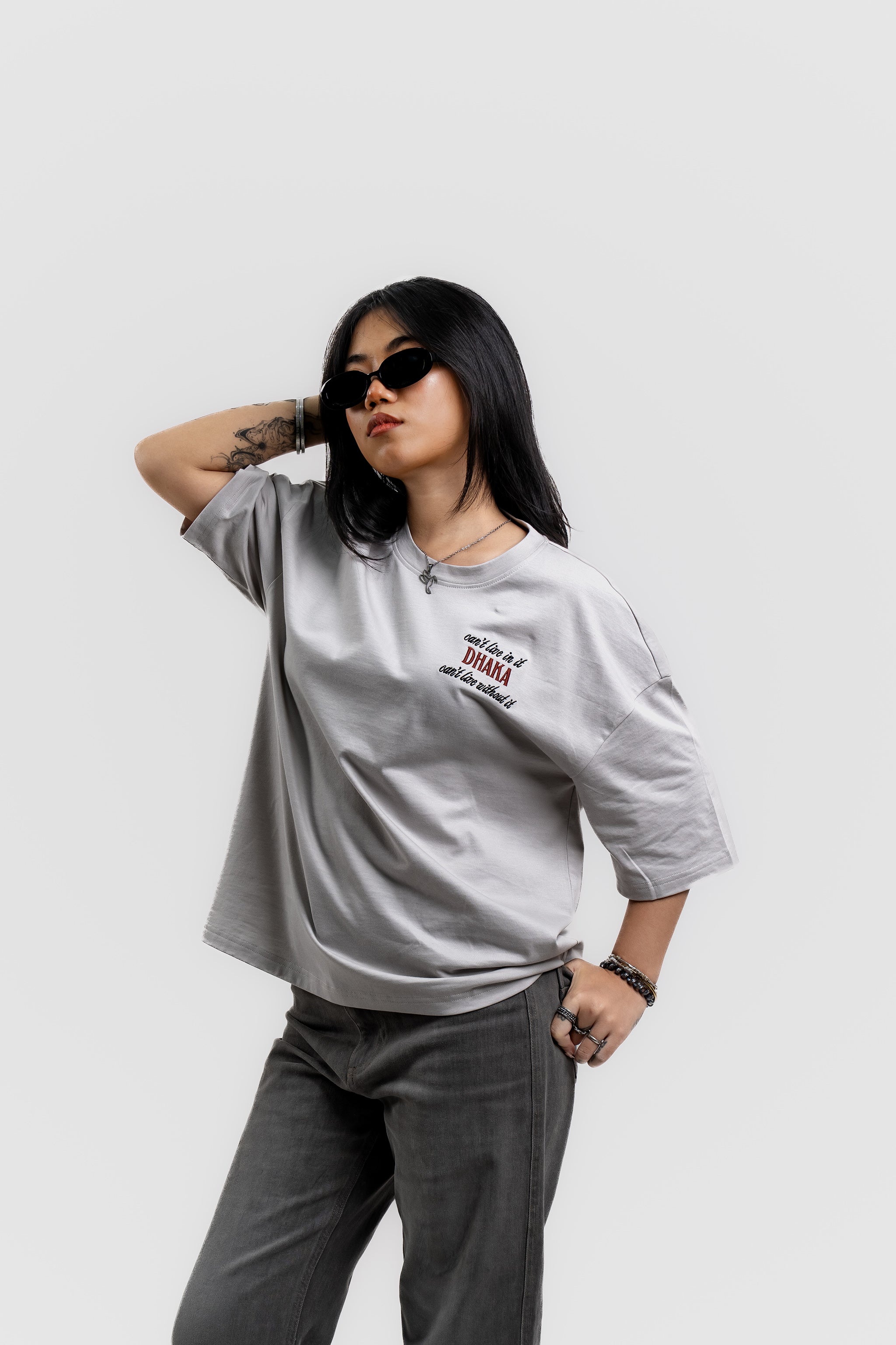 Live In/Without Dhaka Embroidered- 上質 Japanese Grade - Light Ash Grey Drop Shoulder T-Shirt for Women