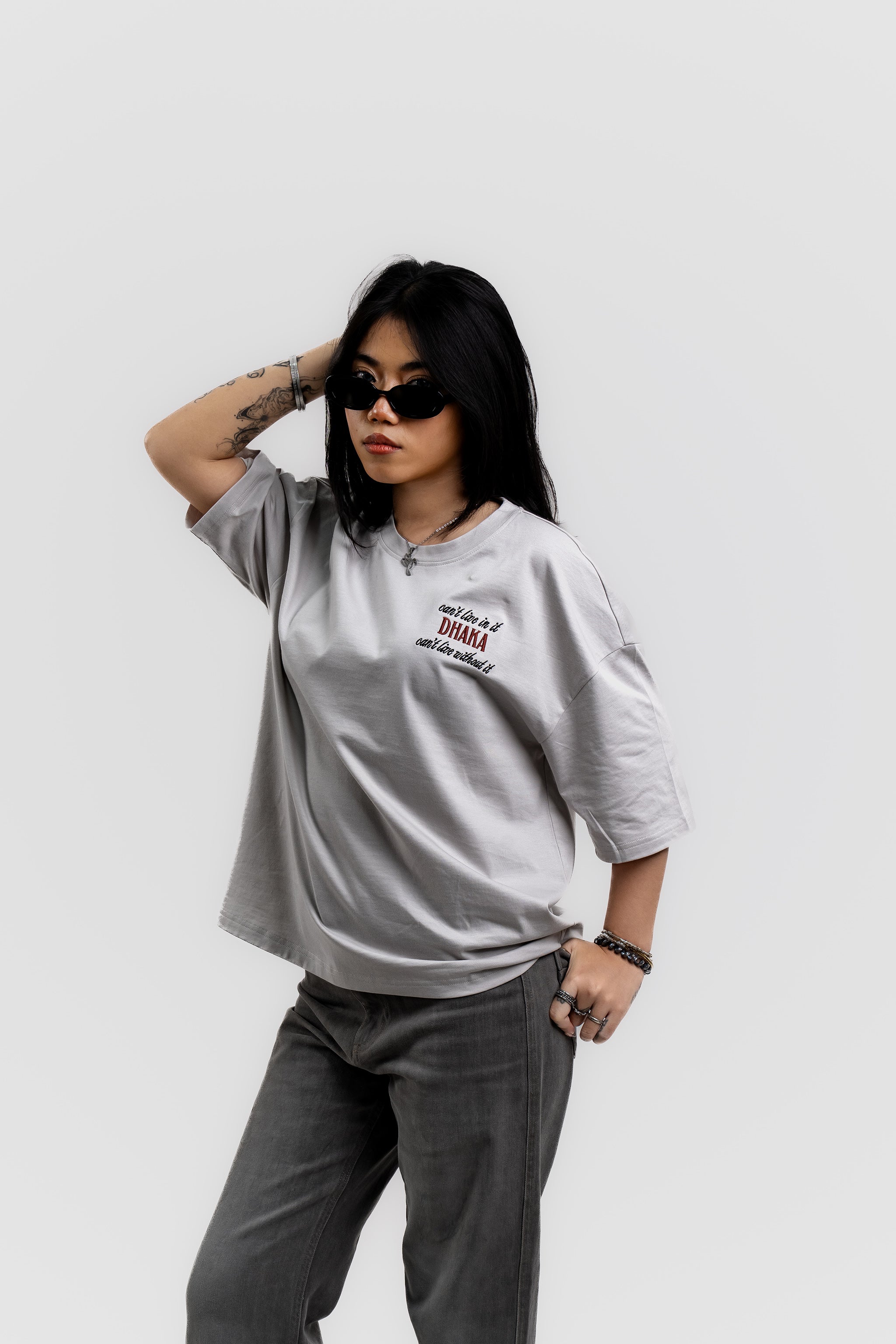 Live In/Without Dhaka Embroidered- 上質 Japanese Grade - Light Ash Grey Drop Shoulder T-Shirt for Women