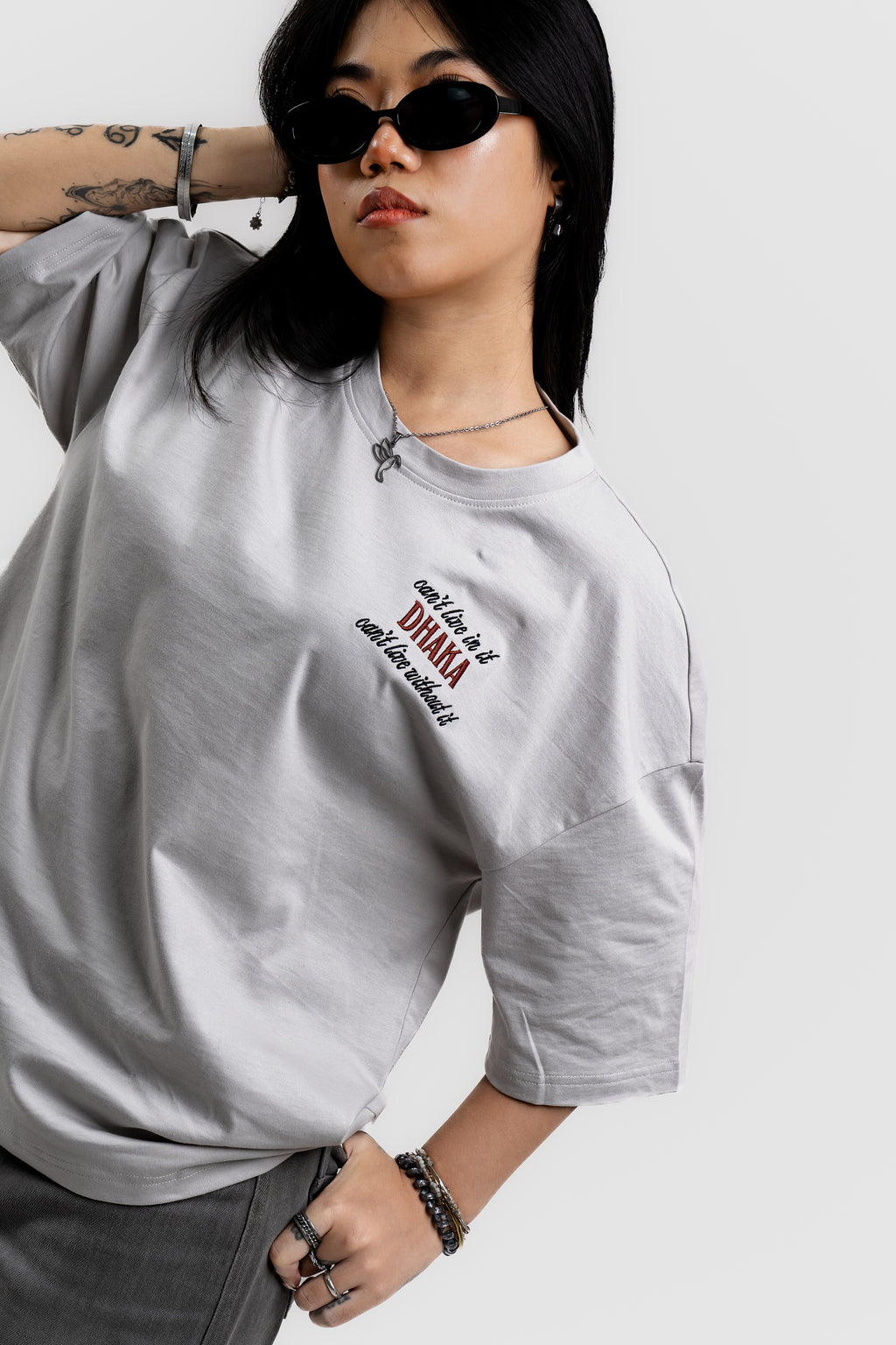 Live In/Without Dhaka Embroidered- 上質 Japanese Grade - Light Ash Grey Drop Shoulder T-Shirt for Women