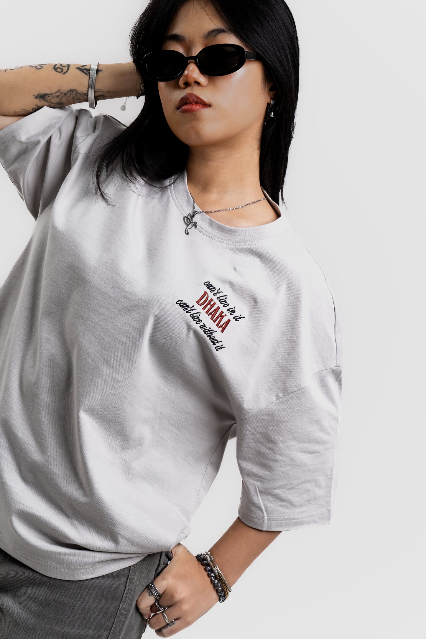 Live In/Without Dhaka Embroidered- 上質 Japanese Grade - Light Ash Grey Drop Shoulder - Unisex