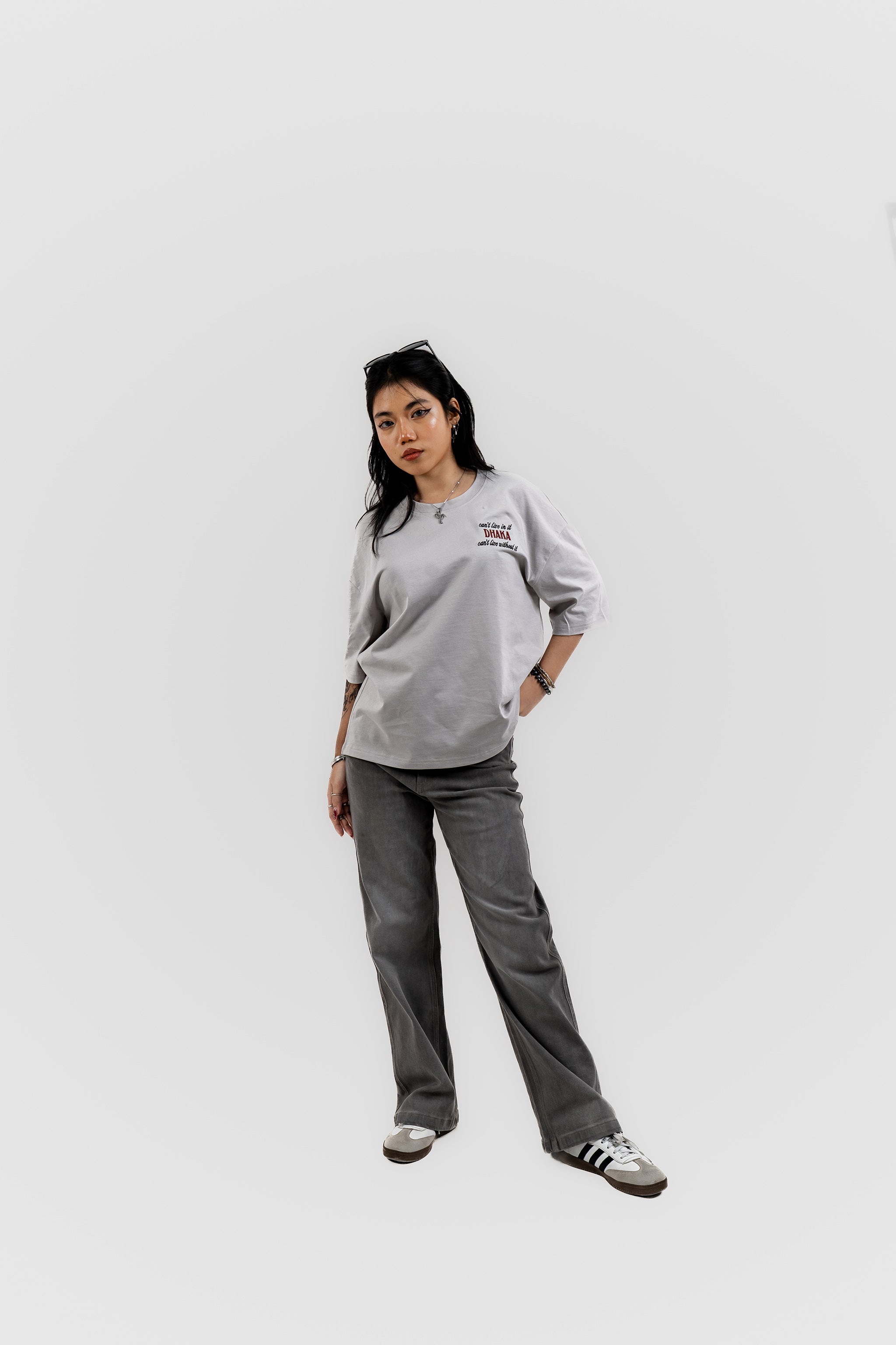 Live In/Without Dhaka Embroidered- 上質 Japanese Grade - Light Ash Grey Drop Shoulder T-Shirt for Women