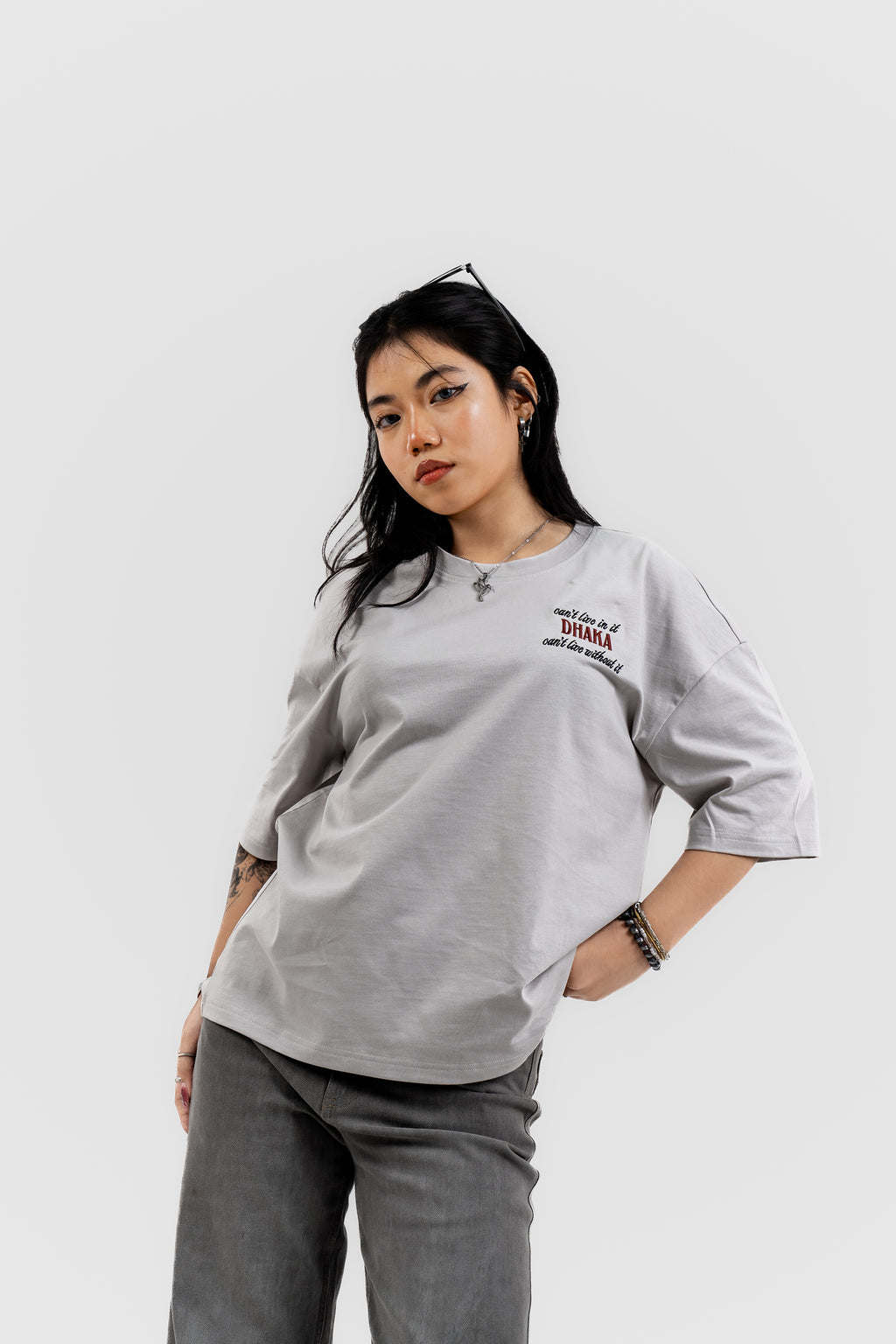 Live In/Without Dhaka Embroidered- 上質 Japanese Grade - Light Ash Grey Drop Shoulder T-Shirt for Women