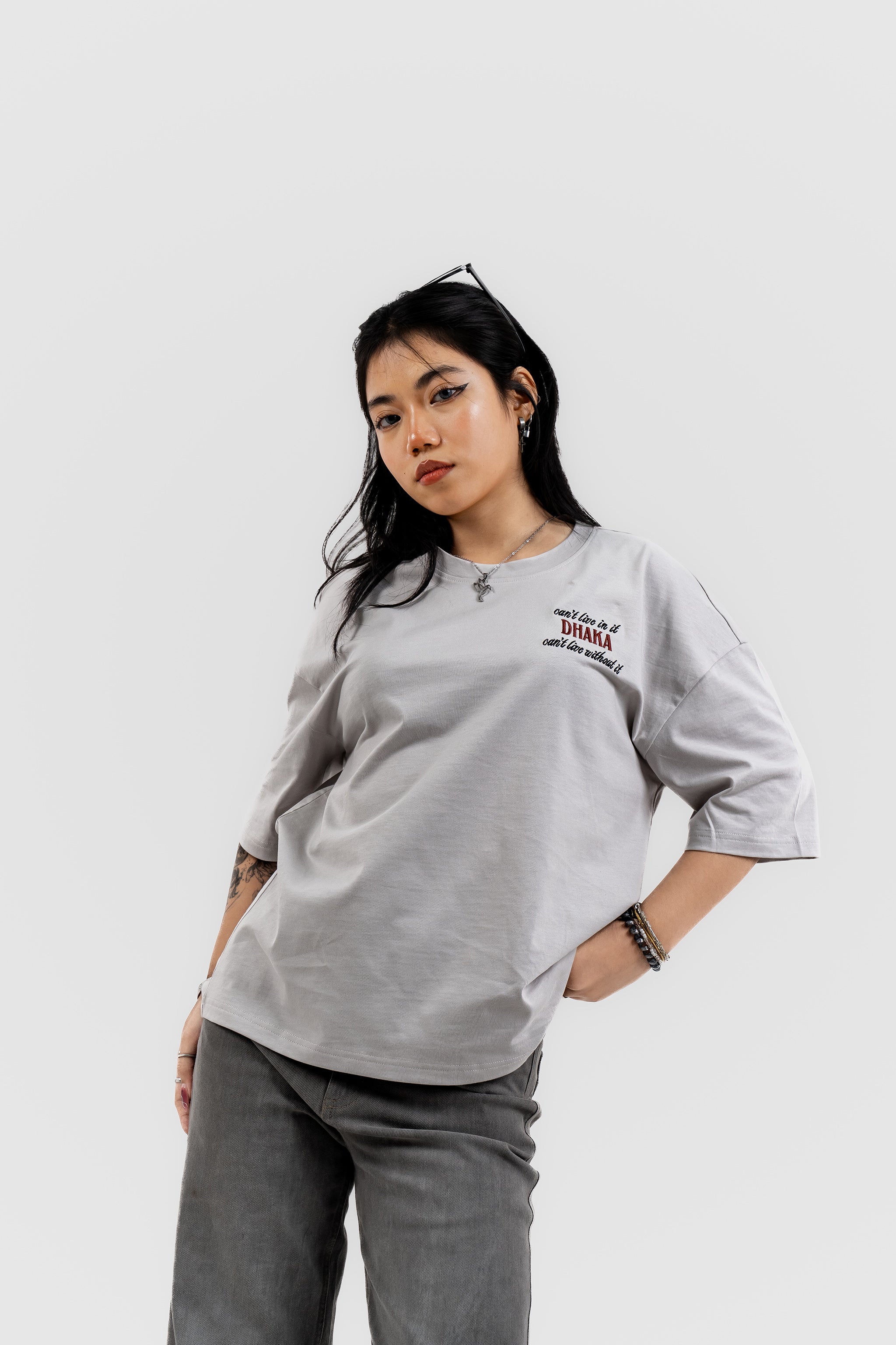 Live In/Without Dhaka Embroidered- 上質 Japanese Grade - Light Ash Grey Drop Shoulder T-Shirt for Women