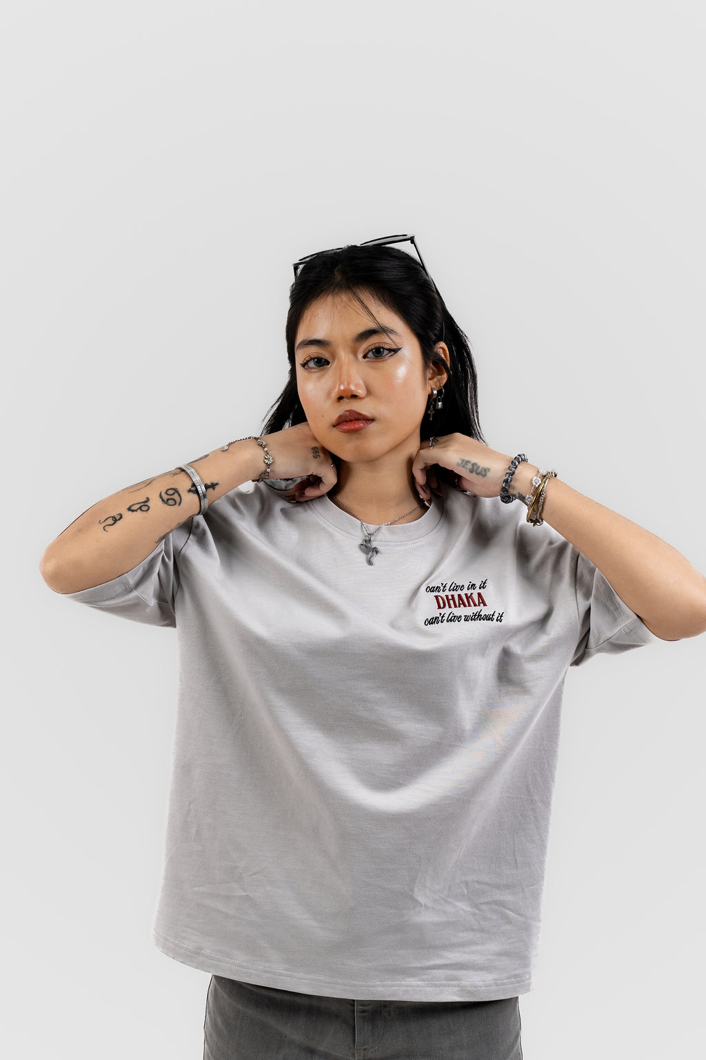 Live In/Without Dhaka Embroidered- 上質 Japanese Grade - Light Ash Grey Drop Shoulder T-Shirt for Women