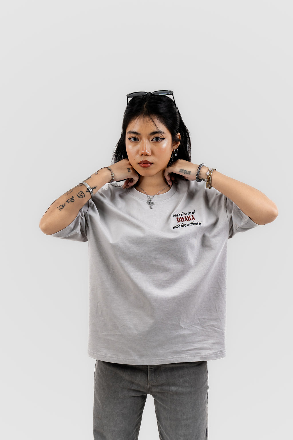 Live In/Without Dhaka Embroidered- 上質 Japanese Grade - Light Ash Grey Drop Shoulder T-Shirt for Women