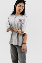Can't Live In/Without Dhaka Embroidered- 上質 Japanese Grade - Light Ash Grey Drop Shoulder T-Shirt for Women