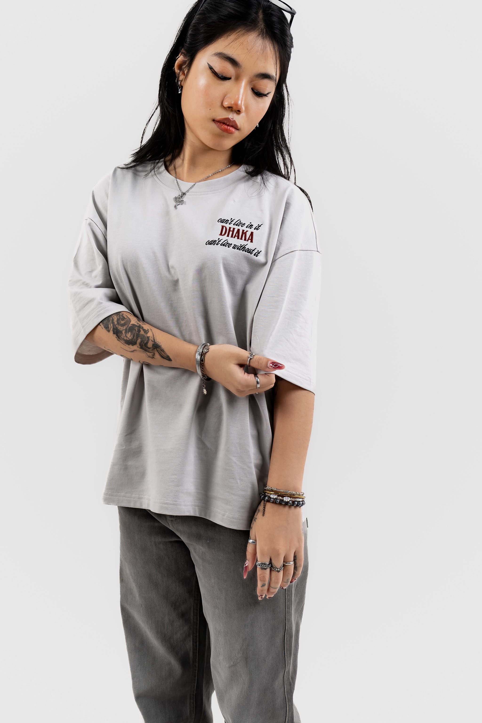 Live In/Without Dhaka Embroidered- 上質 Japanese Grade - Light Ash Grey Drop Shoulder T-Shirt for Women