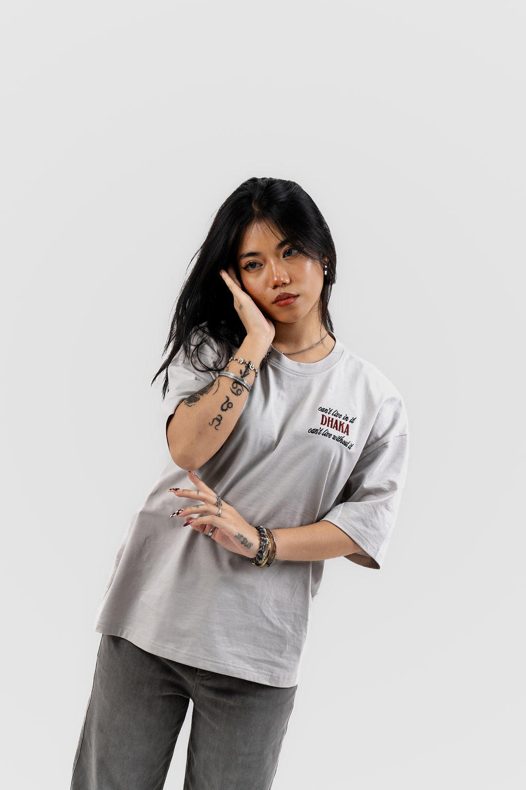 Live In/Without Dhaka Embroidered- 上質 Japanese Grade - Light Ash Grey Drop Shoulder T-Shirt for Women