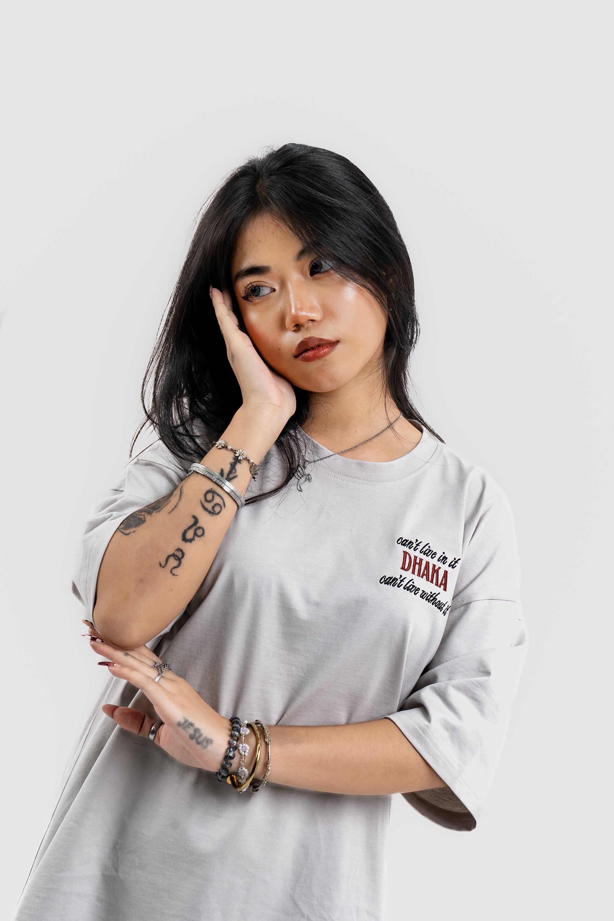 Live In/Without Dhaka Embroidered- 上質 Japanese Grade - Light Ash Grey Drop Shoulder T-Shirt for Women