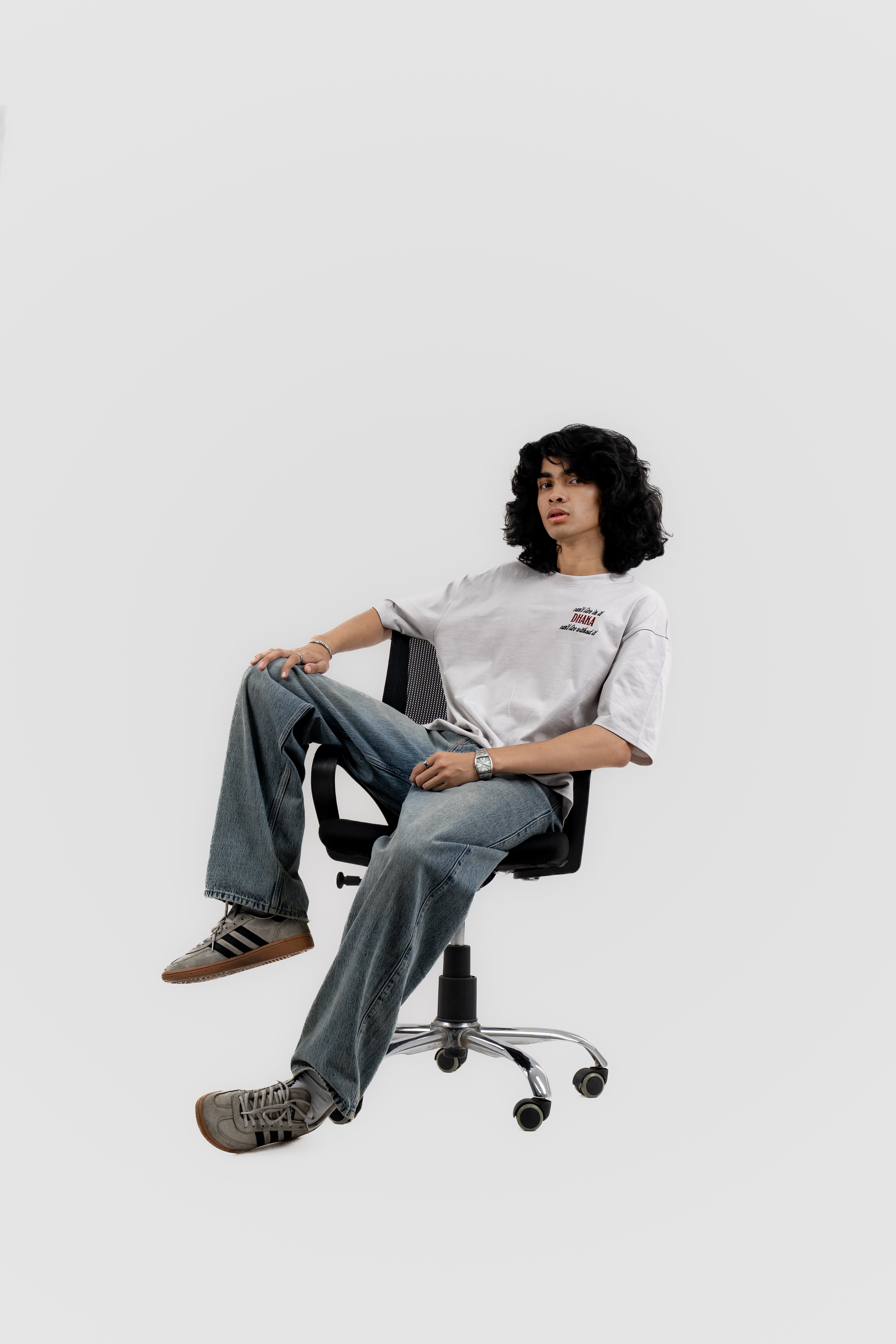 Live In/Without Dhaka Embroidered- 上質 Japanese Grade - Light Ash Grey Drop Shoulder T-Shirt For Men