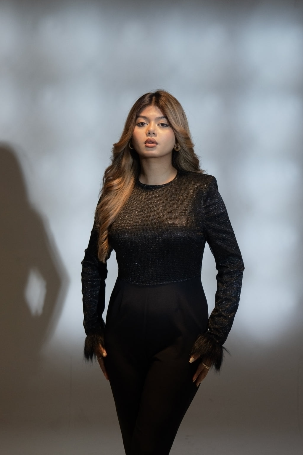 Alison - Black Jumpsuit with Faux Fur Cuff