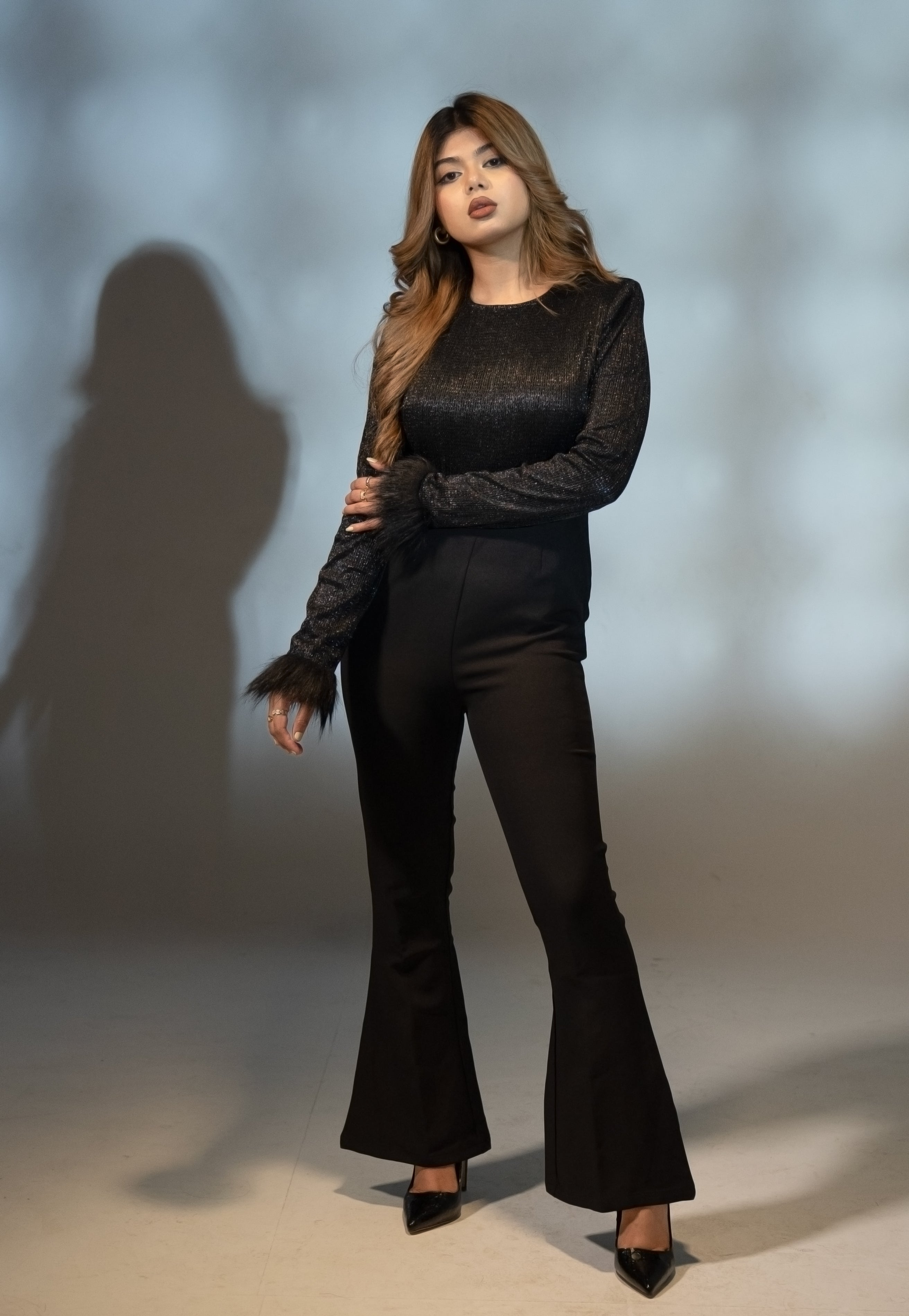 Alison - Black Jumpsuit with Faux Fur Cuff