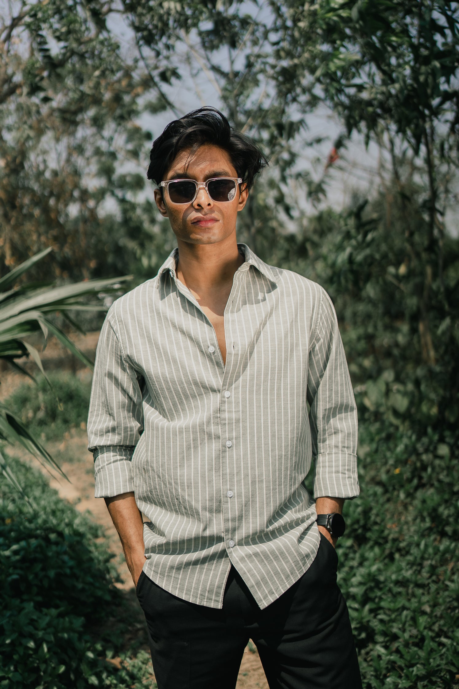 Long Sleeve Shirt for Men - Olive White Stripe