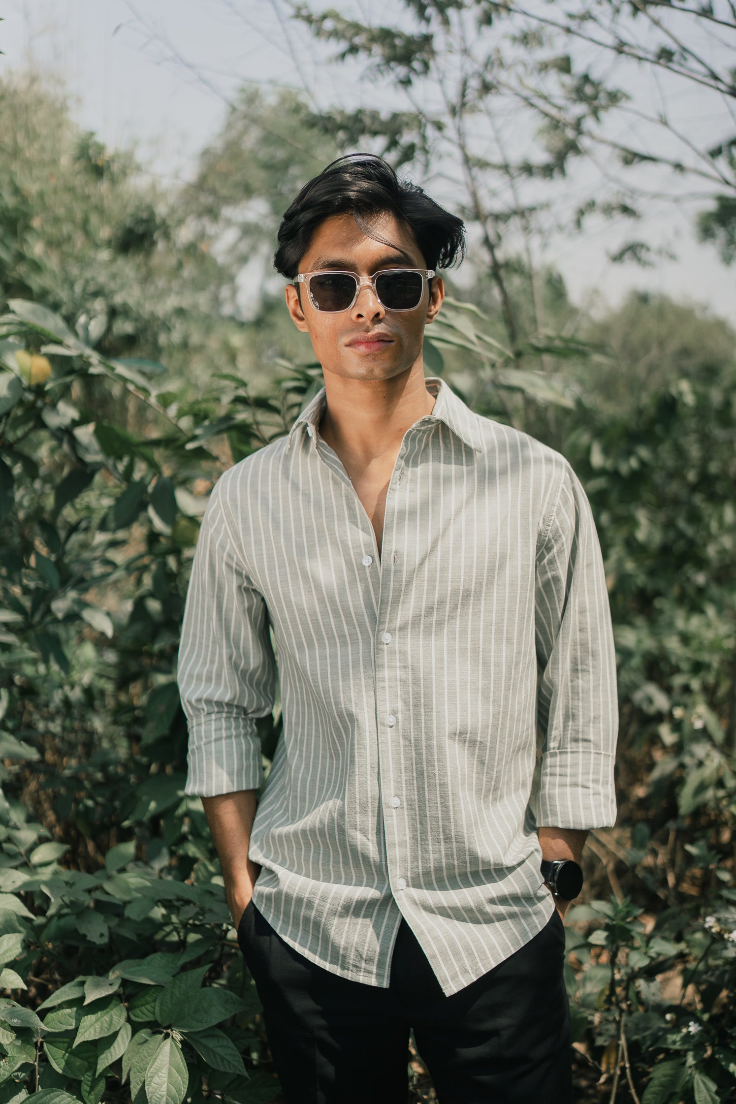 Long Sleeve Shirt for Men - Olive White Stripe