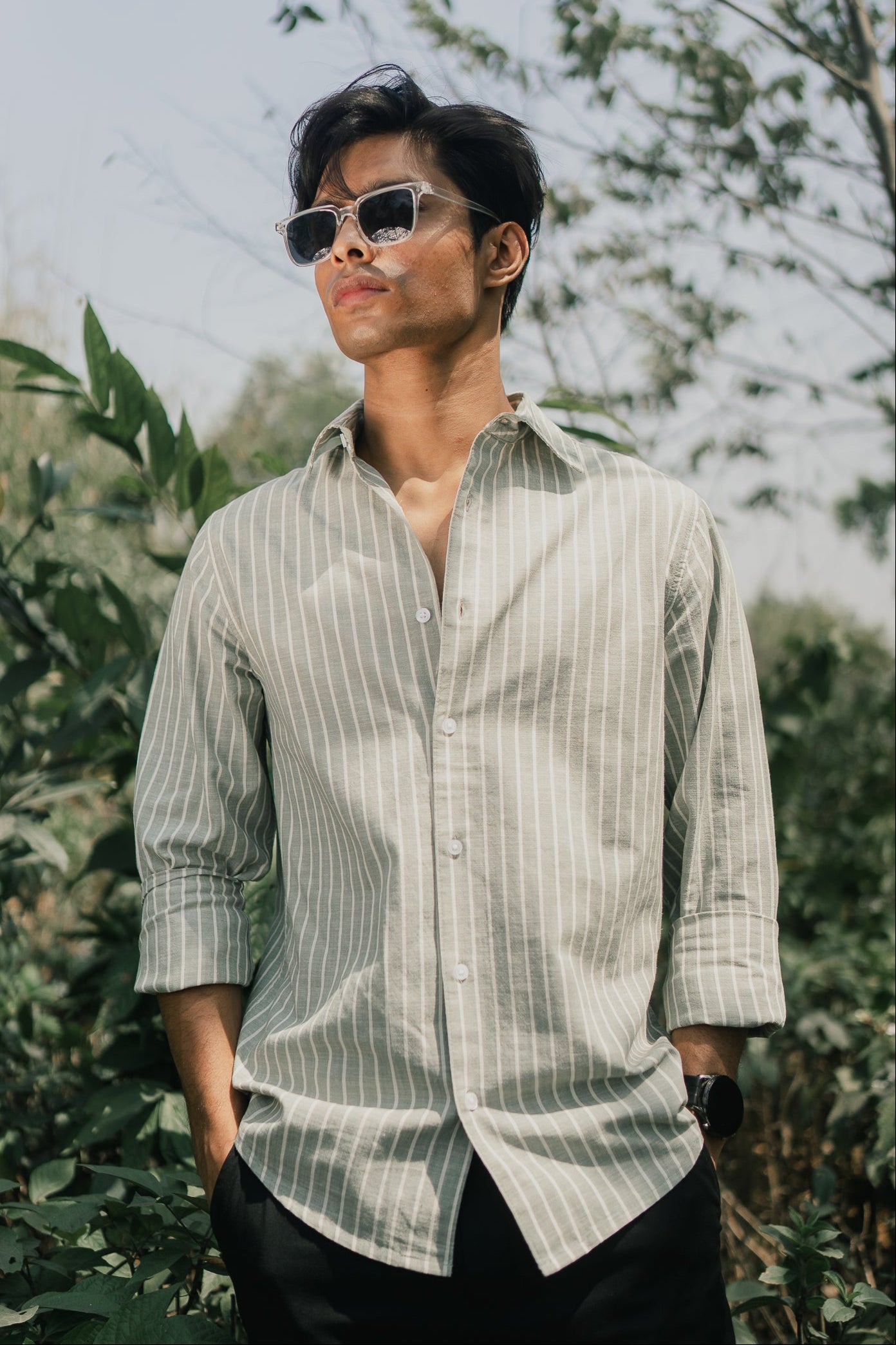 Long Sleeve Shirt for Men - Olive White Stripe