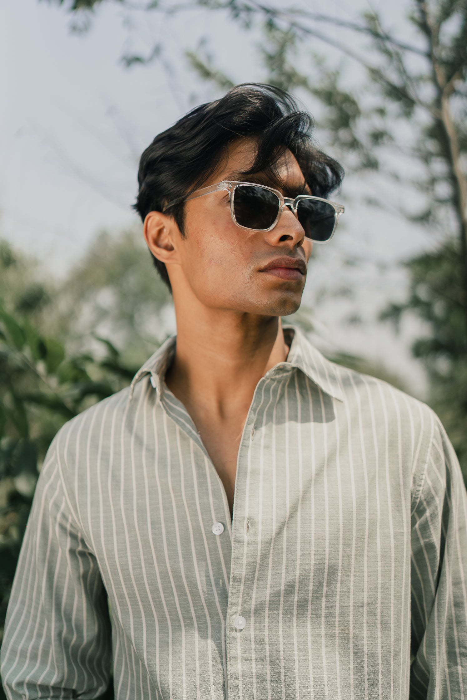 Long Sleeve Shirt for Men - Olive White Stripe