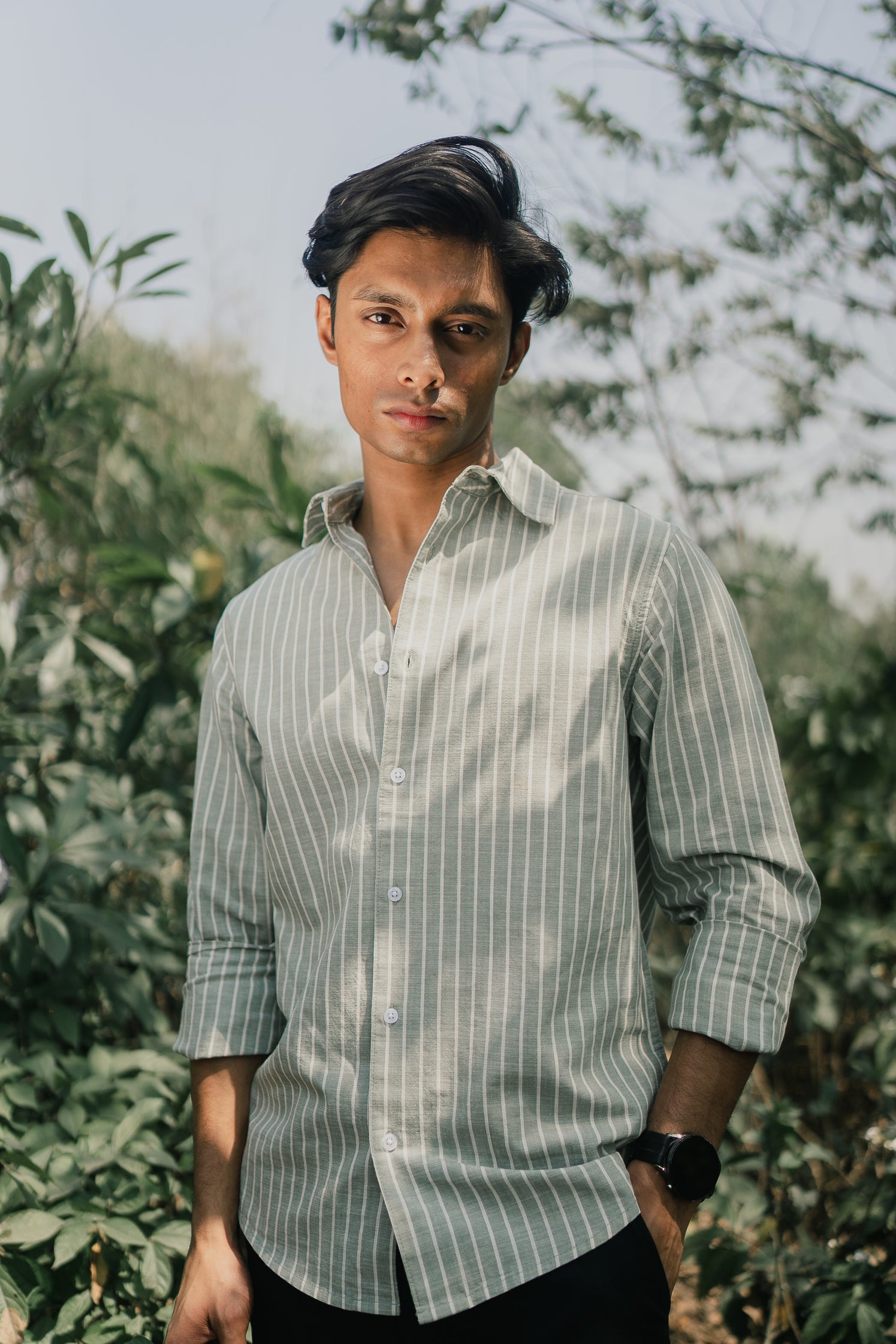 Long Sleeve Shirt for Men - Olive White Stripe