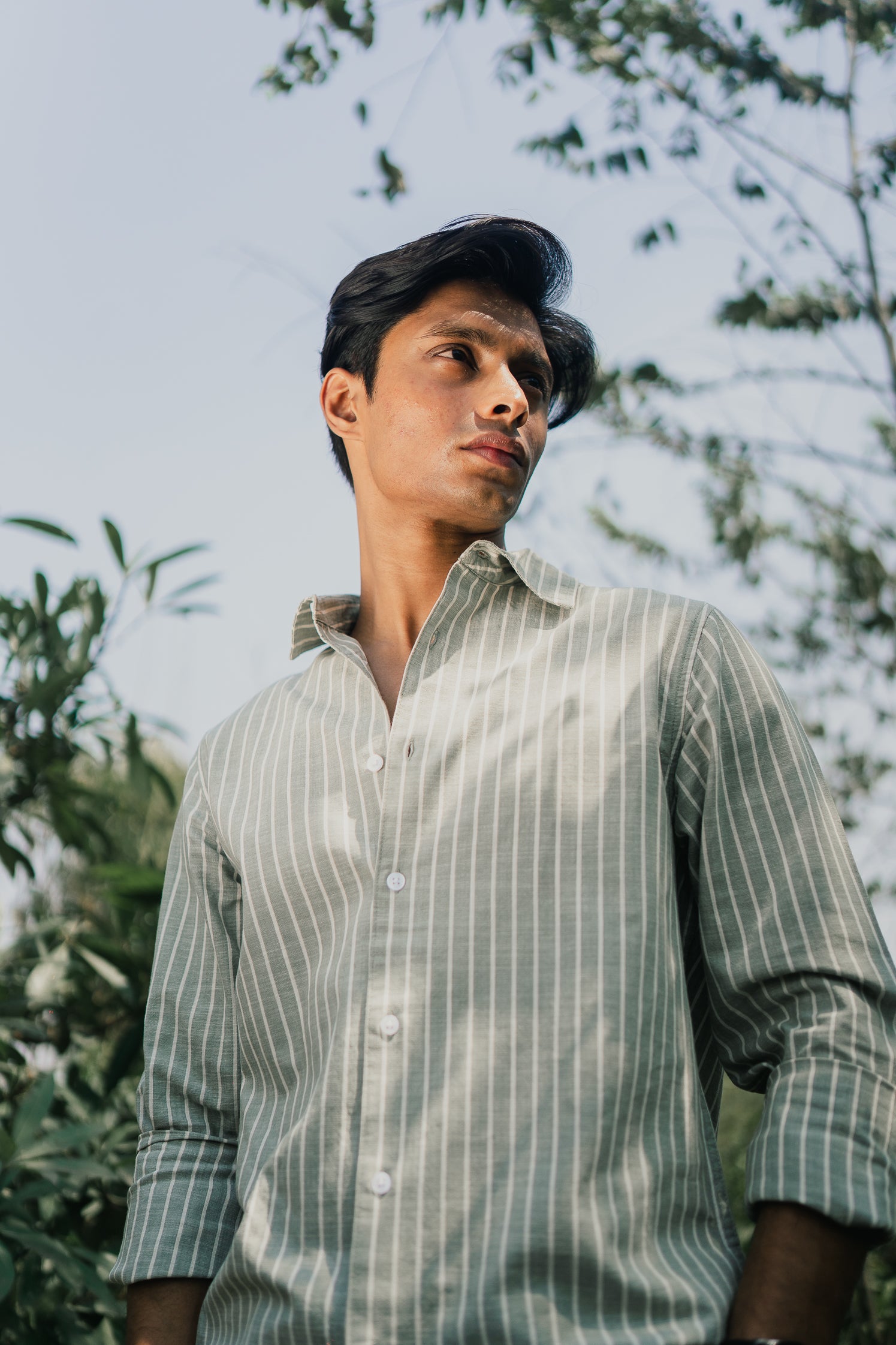Long Sleeve Shirt for Men - Olive White Stripe