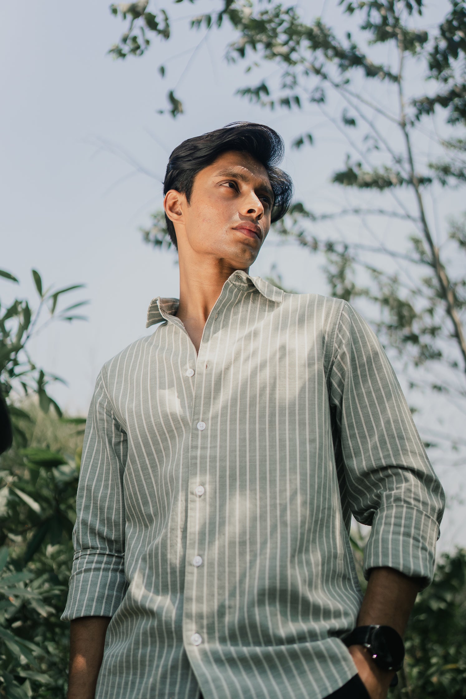 Long Sleeve Shirt for Men - Olive White Stripe
