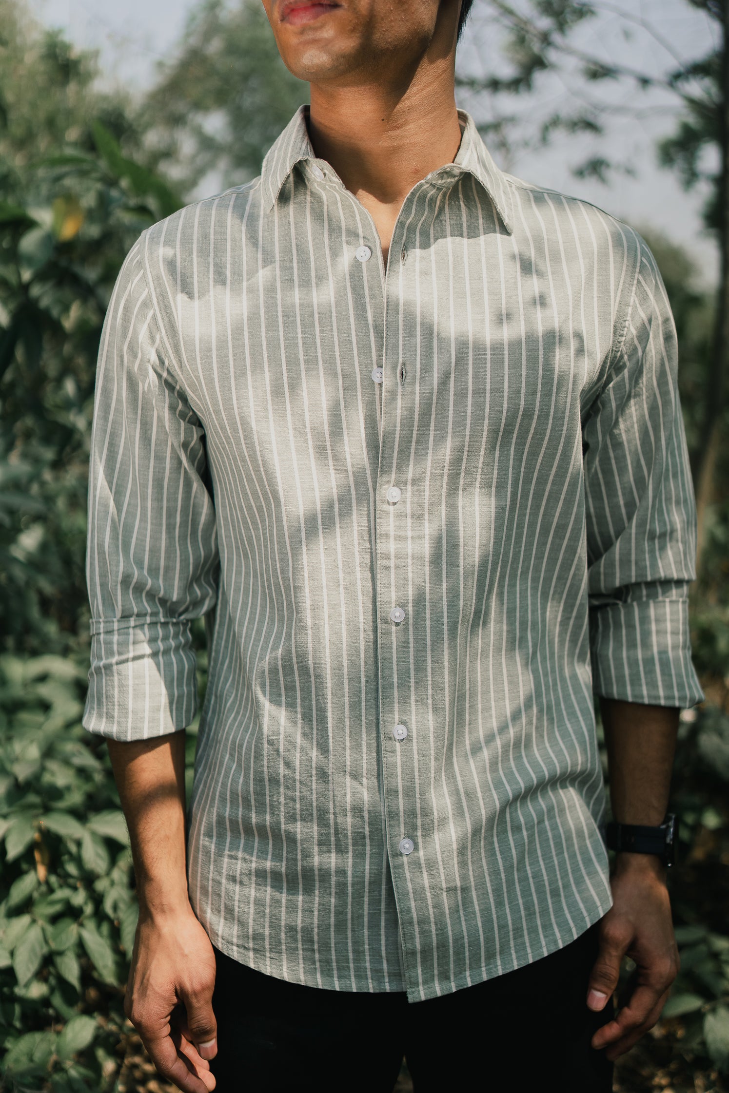 Long Sleeve Shirt for Men - Olive White Stripe