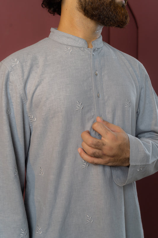 PRE-ORDER - Azfar - Ash Blue All-Over Embroidered Panjabi