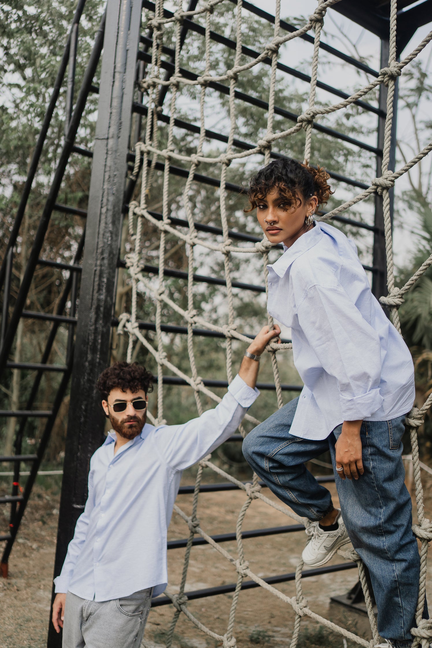 Long Sleeve Shirt for Men - Light Blue and White Thin Stripe