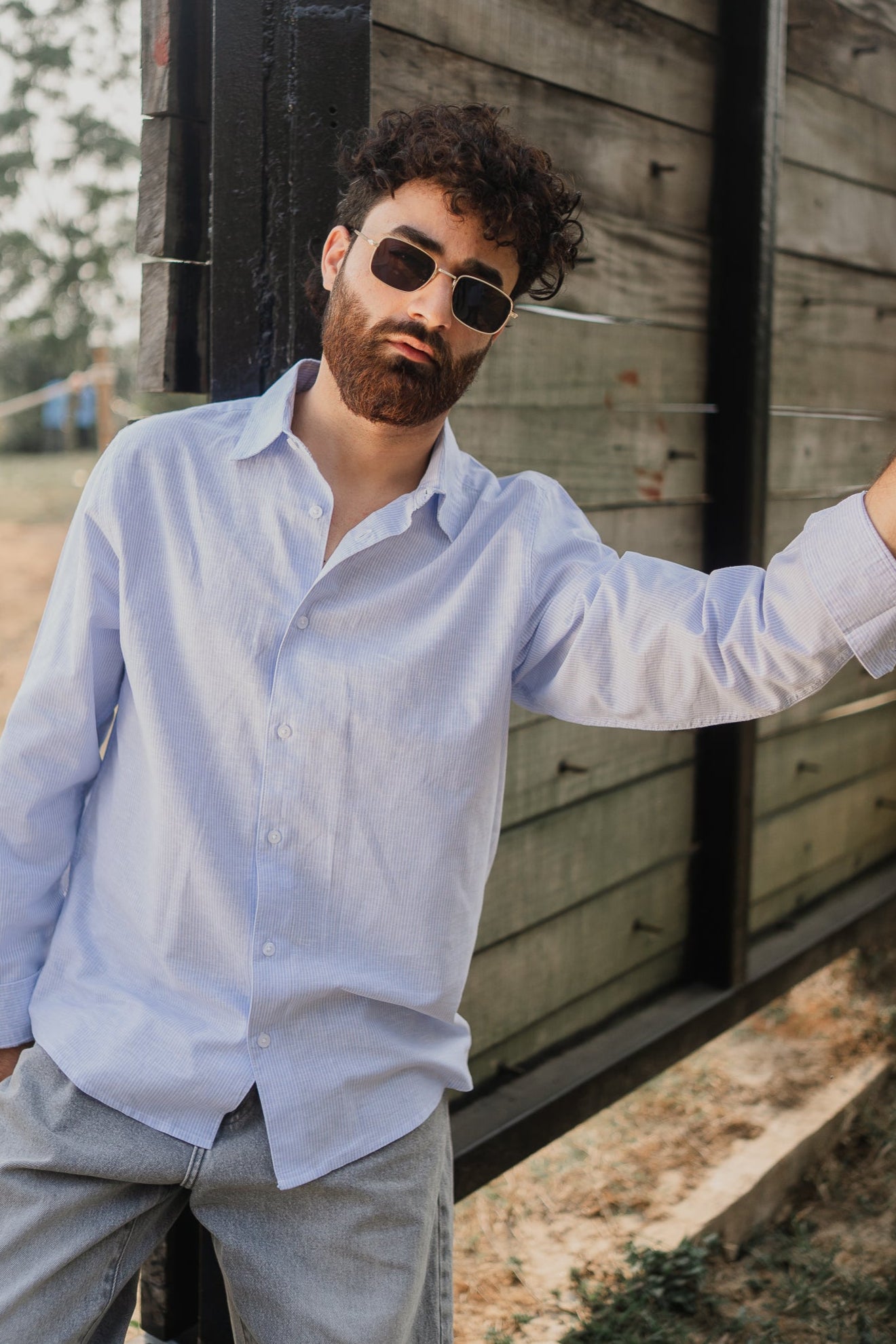 Long Sleeve Shirt for Men - Light Blue and White Thin Stripe