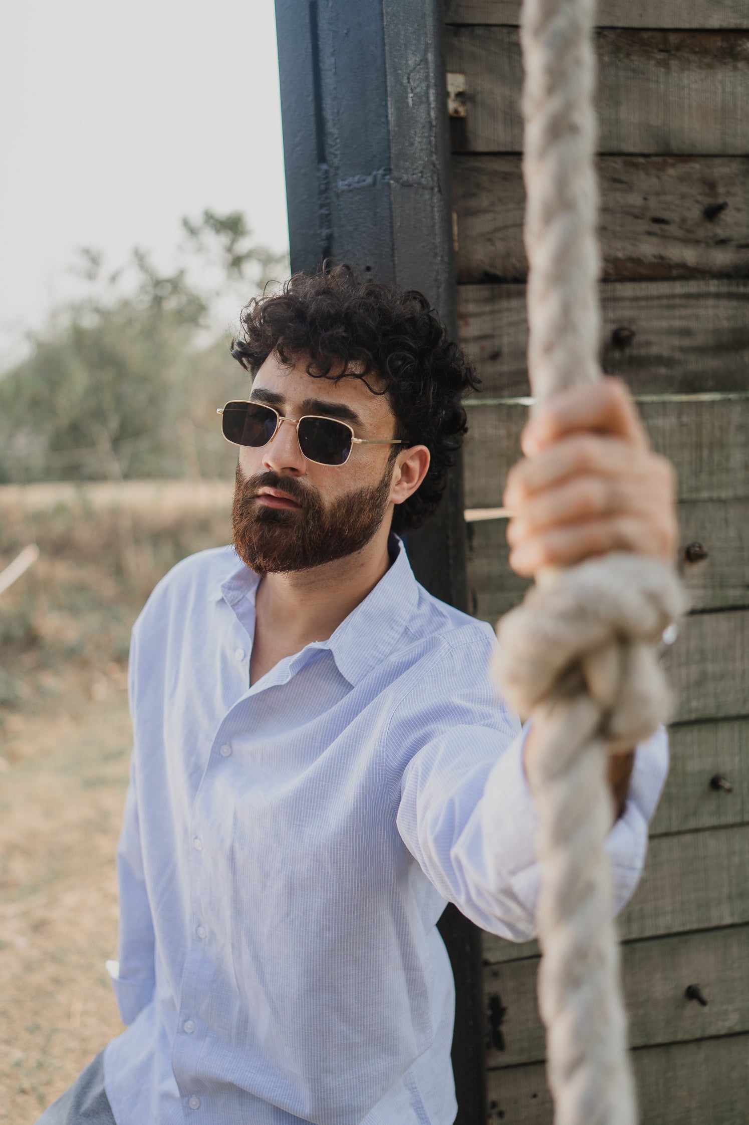 Long Sleeve Shirt for Men - Light Blue and White Thin Stripe